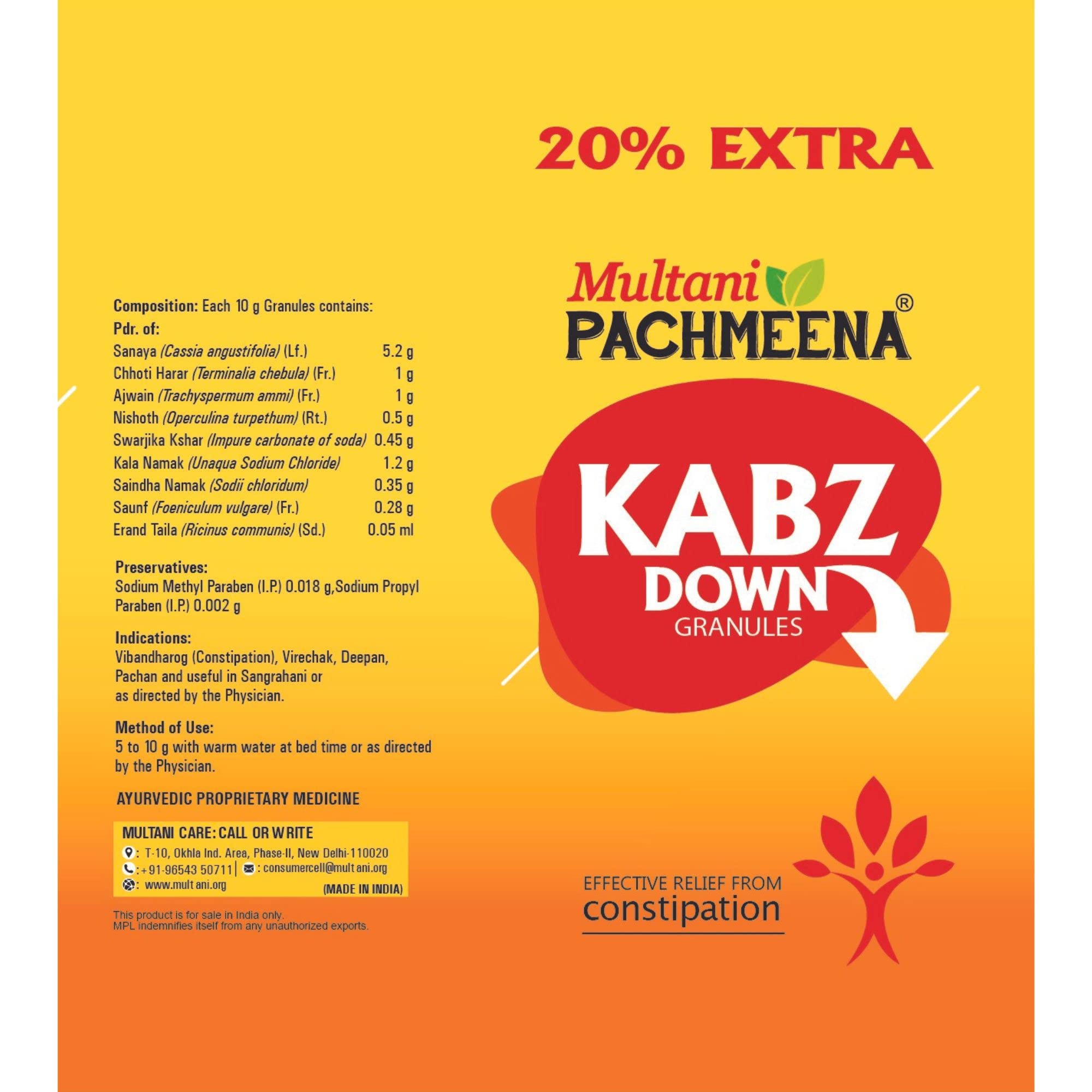 Multani Pachmeena Kabz Down Granules | Ayurvedic Constipation Relief Medicine | For Digestive Issue, Stomach-Ache & Flatulence | Acidity, Gas & Bloating | Promotes Healthy Bowel Movement | 120 Gm