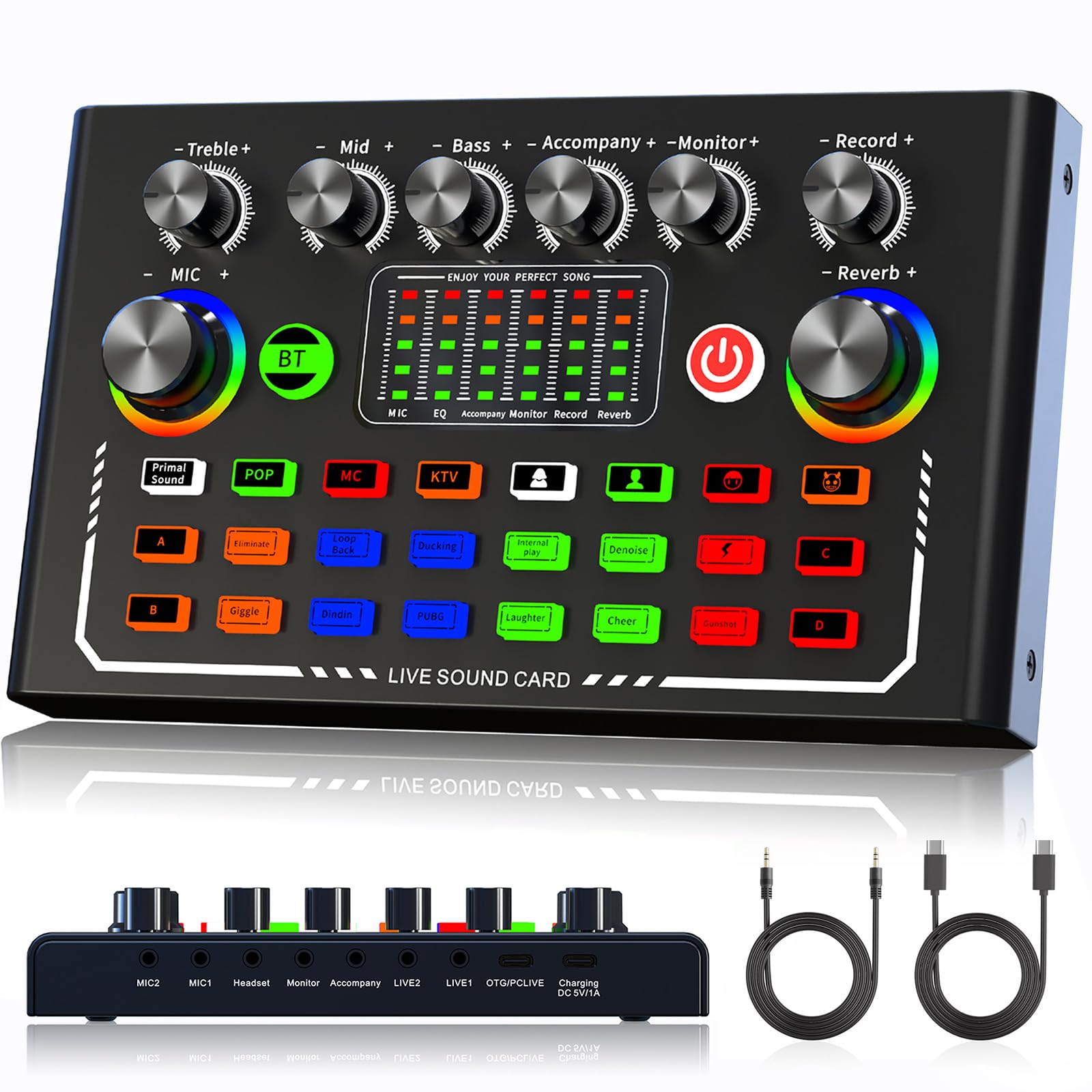 FacmoguF009 Live Sound Card, Wireless Bluetooth Audio Mixer, Podcast Audio Mixer with RGB Colorful Buttons, All-in-One Podcast DJ Device Live Broadcast Sound Card for PC Phone Karaoke Singing Gaming