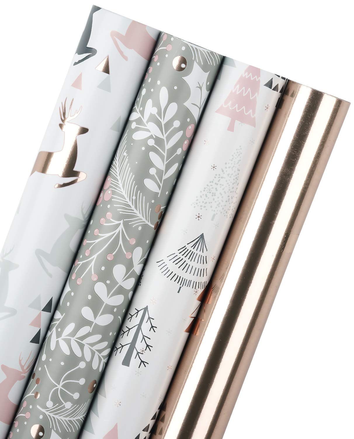 WRAPAHOLIC Christmas Wrapping Paper Roll - Rose Gold and Pink Holiday Design with Metallic Foil Shine - 4 Rolls - 30 Inch x 120 Inch Per Roll