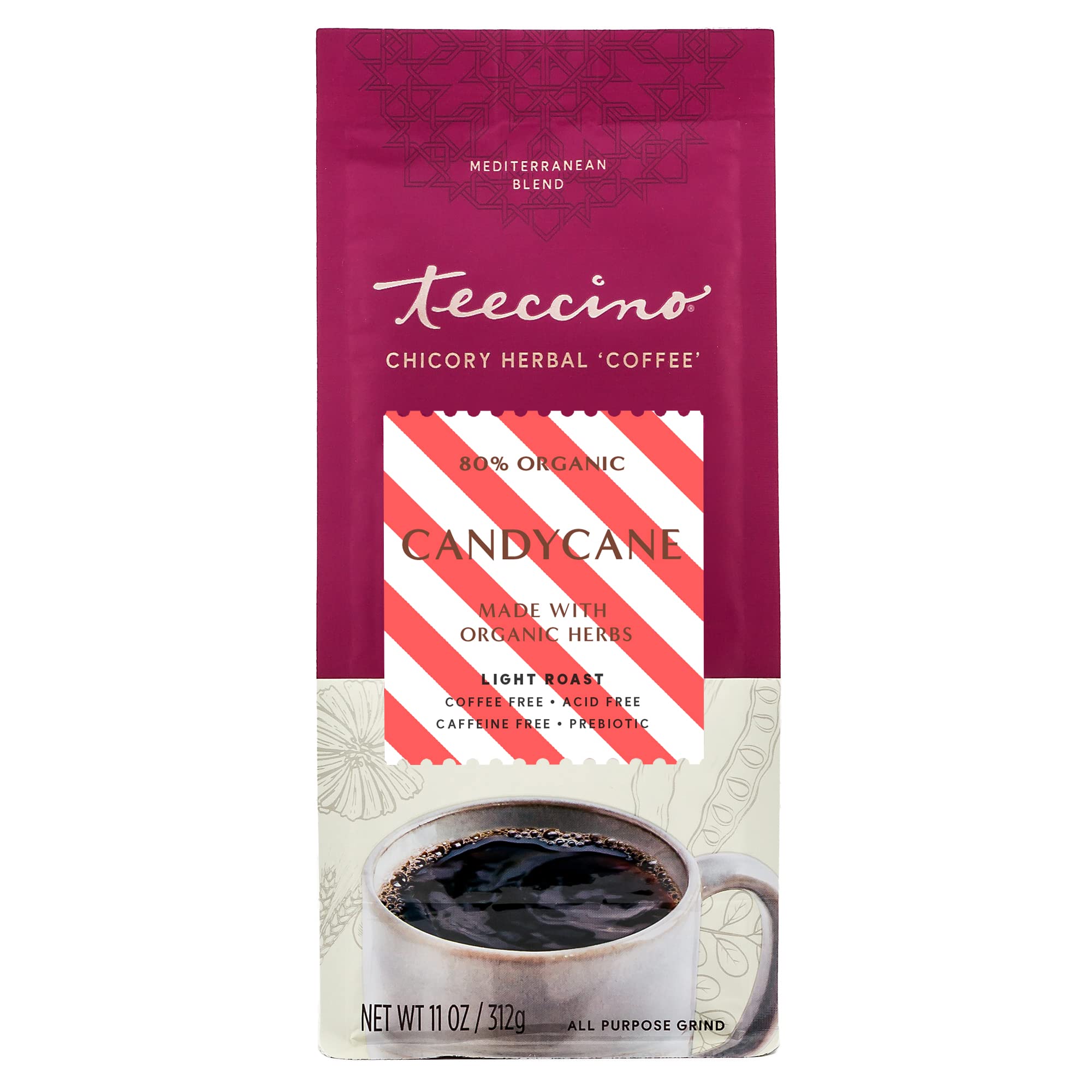 TeeccinoCoffee Alternative – Candy Cane – Holiday Dessert Beverage That’s Prebiotic, Caffeine-Free & Acid Free, Medium Roast, 11 Ounce