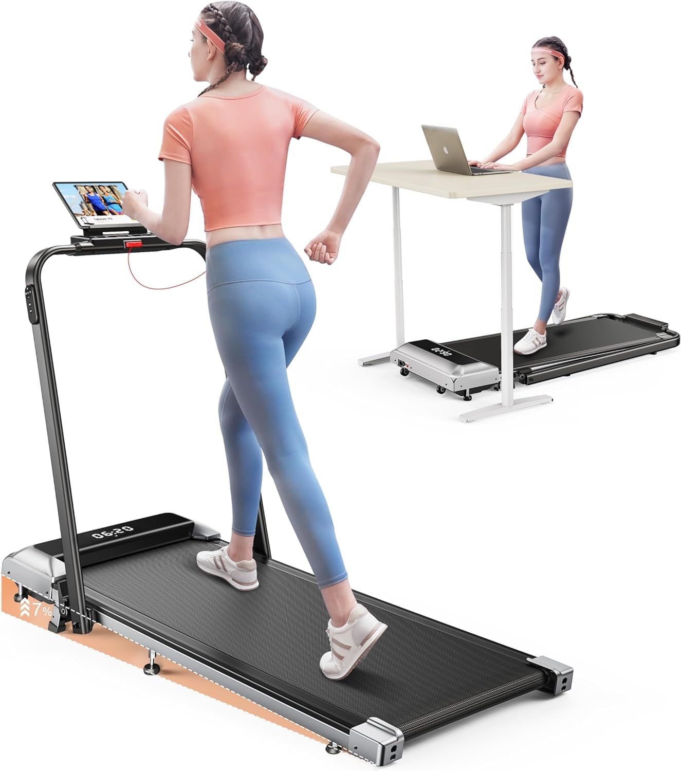 3 in 1 Folding Treadmill, Walking Pad with 7% Incline, 2.5HP Electric Treadmill for Home Under the Desk, Magnetic Remote Control, 12 km/h, 40x100cm, 12 Modes, App, LED Display