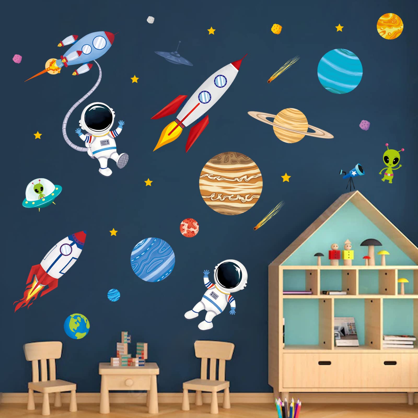 decalmileOuter Space Wall Decals Rocket Planets Astronaut Wall Stickers Baby Nursery Boys Bedroom Playroom Wall Decor