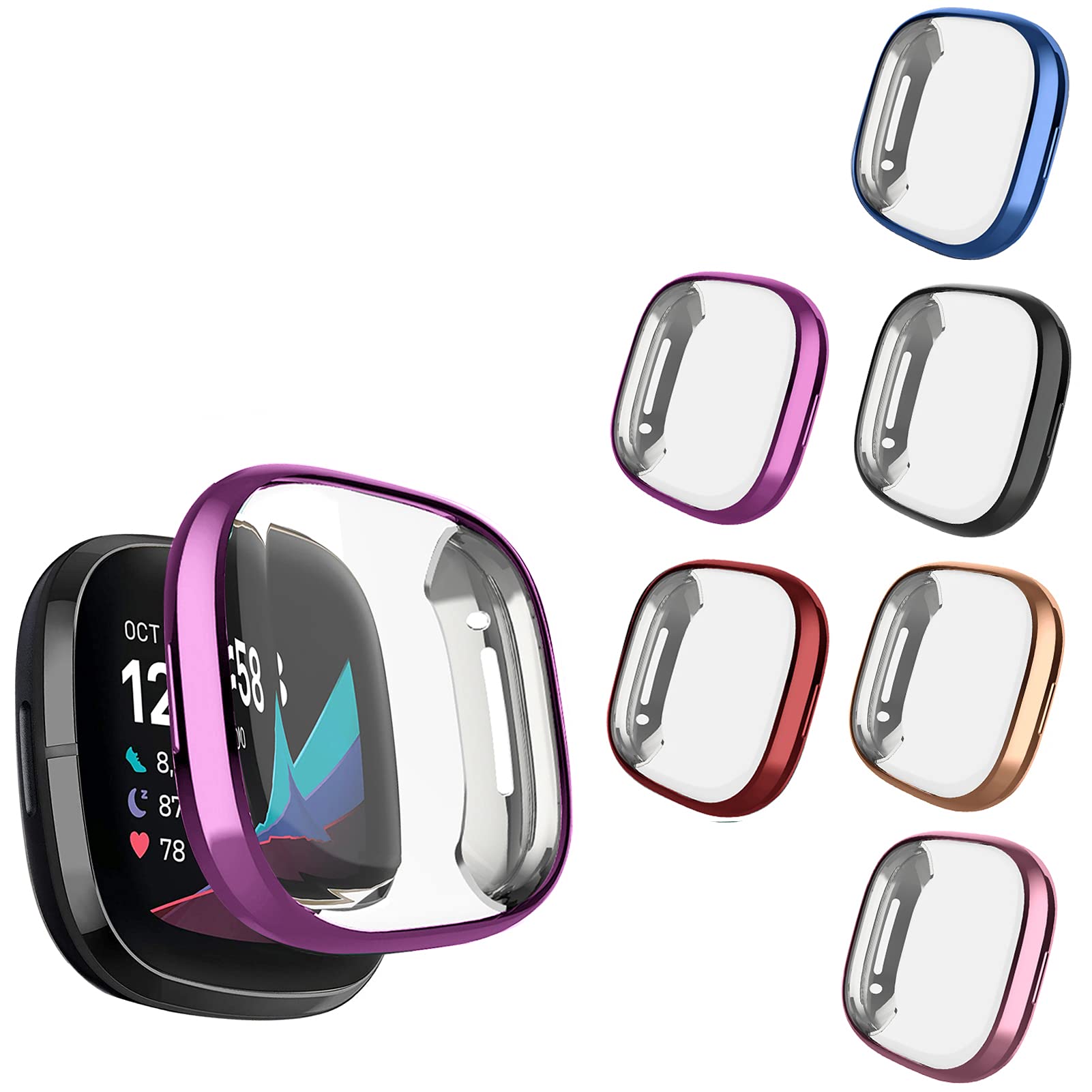 6 Packs Case Compatible with Fitbit Sense/Fitbit Versa 3 Screen Protector, NAHAI All Around Ultra Thin Plated Bumper Shell Scratch-Resist Cover Accessories for Fitbit Sense/Versa 3 Smartwatch