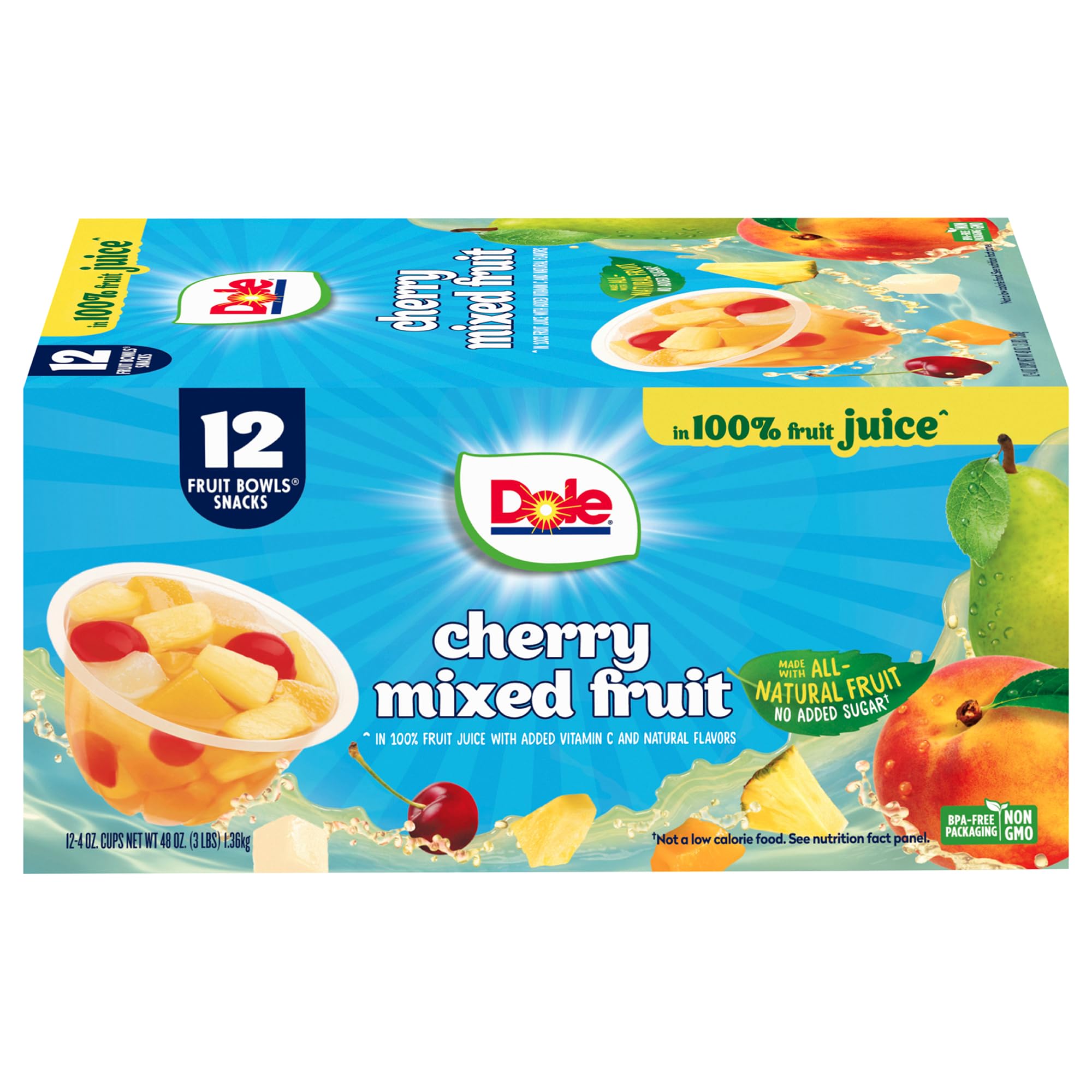 DoleCherry Mixed Fruit in 100% Juice^ - Dole Fruit Bowls Snacks - 4 oz Fruit Bowls - 12 Pack