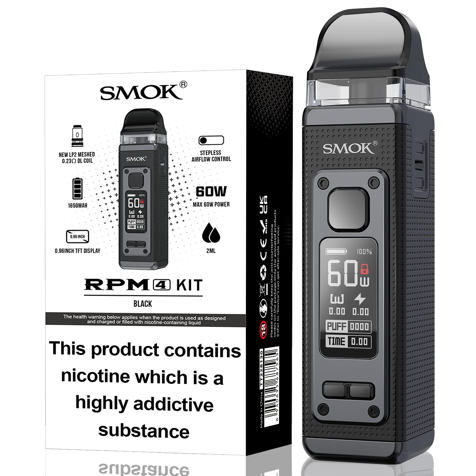 SMOK RPM 4 Kit: Next-Level Vaping Experience with Enhanced Features (Black) 2mL Works With RPM / LP2 PODs, Side Filling SMOK Vape POD E Cigarette Kit No Nicotine