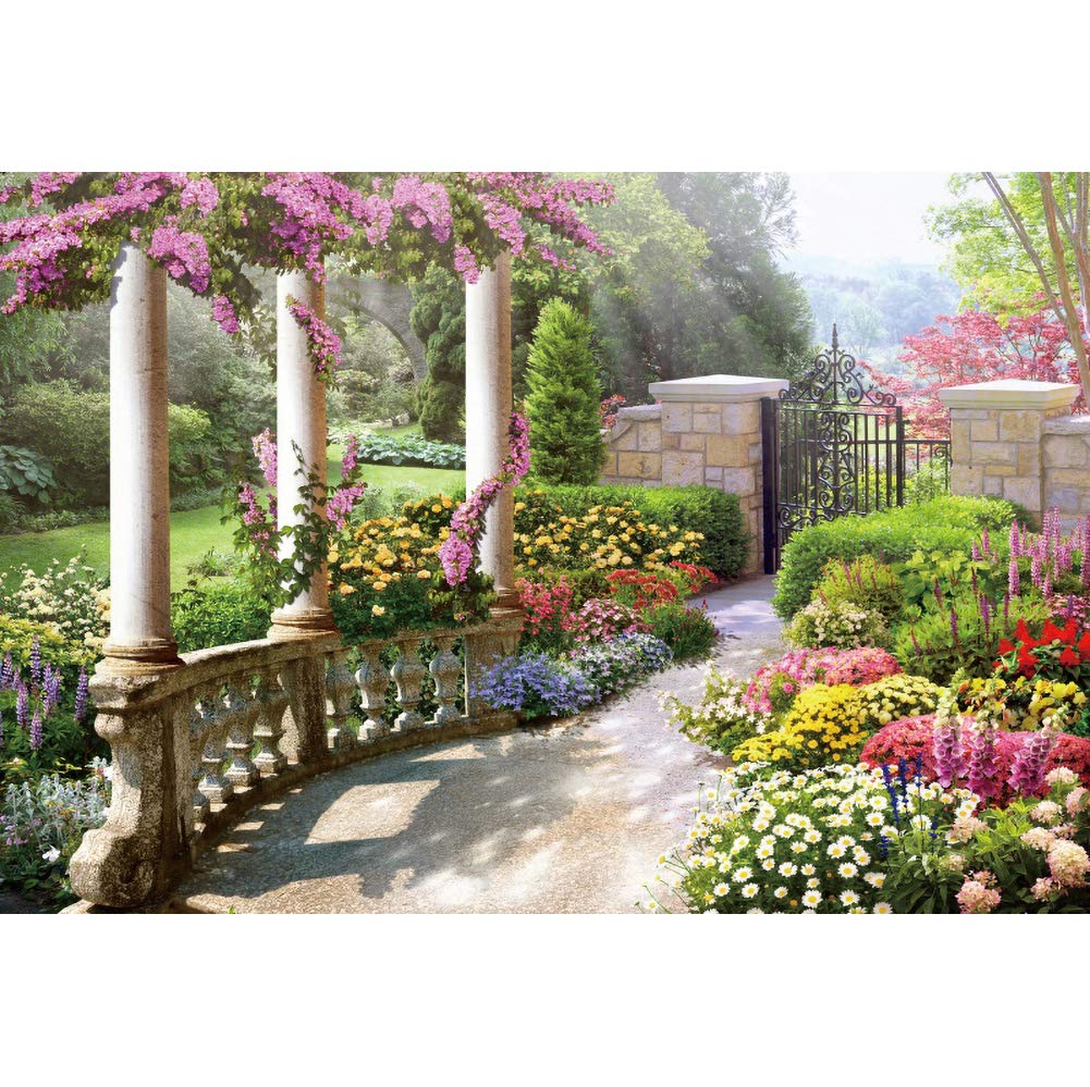 DORCEV 5x3ft Spring Beautiful Garden Photography Backdrop Vintage Garden Architecture Pillars Blooming Flowers Background Outdoor Wedding Portraits Photo Studio Props Wallpaper