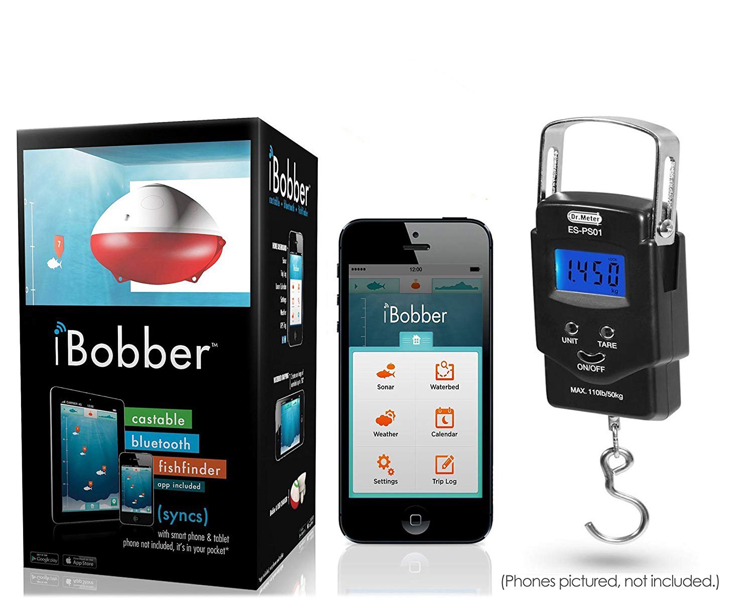 iBobber Wireless Bluetooth Smart Fish Finder for iOS and Android devices & Dr. Meter PS01 110lb/50kg Electronic Balance Digital Fishing Postal Hanging Hook Scale (Bundle)