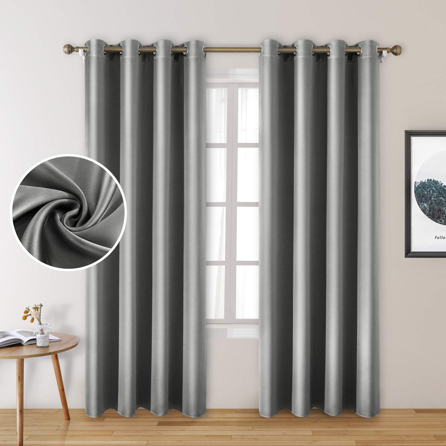 HOMEIDEAS 2 Panels Silver Grey Faux Silk Curtains Gray Blackout Curtains for Bedroom 52 X 84 Inch Room Darkening Satin Drapes/Curtains, Thermal Insulated Blackout Window Curtains for Living Room