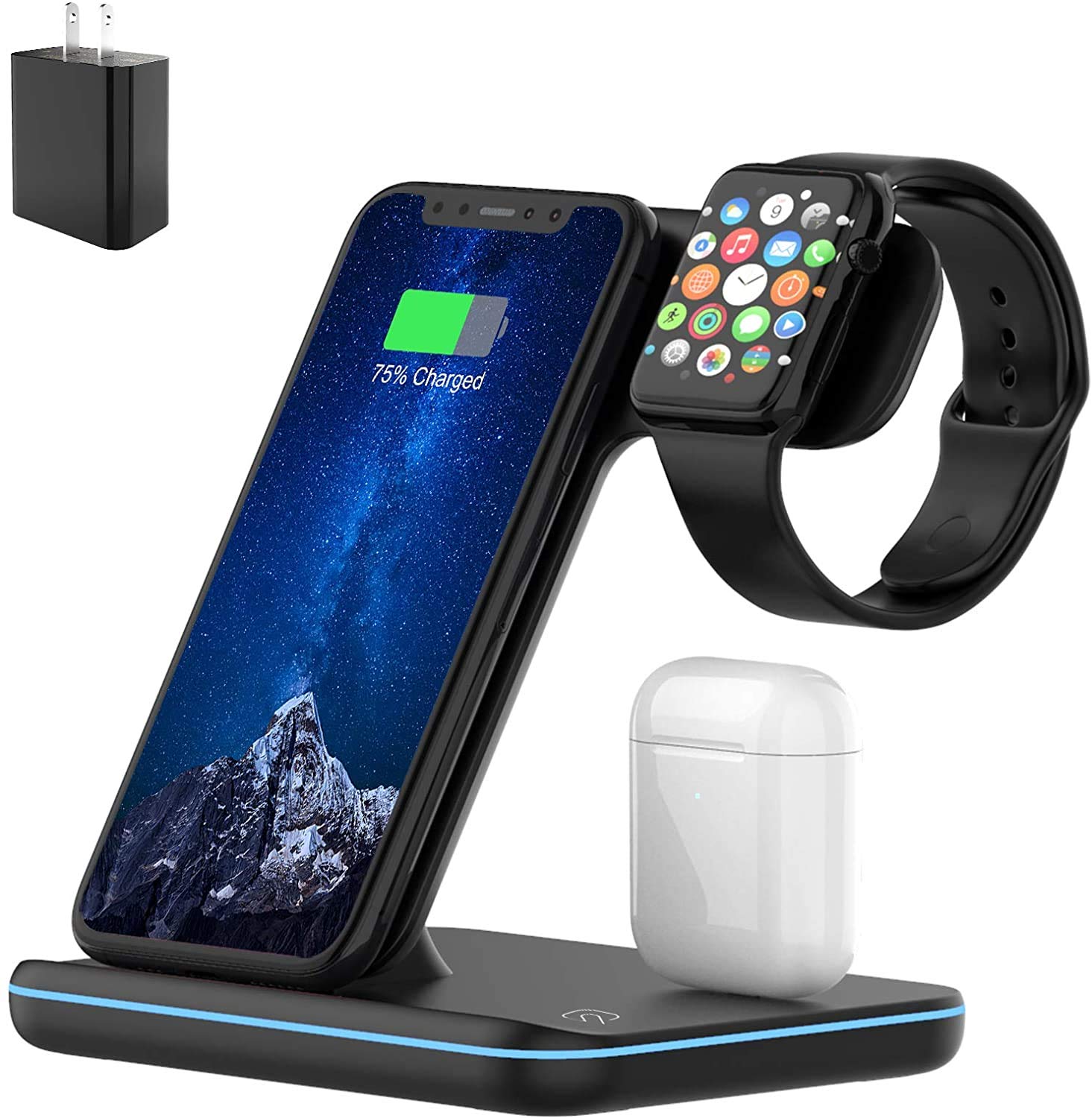 Wireless Charger, 3 in 1 Qi-Certified 15W Fast Charging Station for Apple iWatch Series,AirPods,Wireless Charging Stand for iPhone 14/13/12/11 Series/XS MAX/XR/XS/X/8/8 Plus (Black)