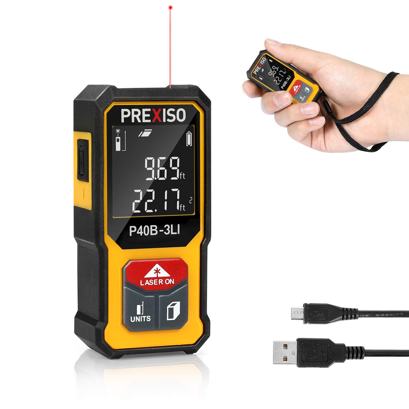 PrexisoMini Laser Measurement Tool, 135Ft Rechargeable Laser Distance Meter Ft/Ft+in/in/M Unit, Laser Measure with High Accuracy, Pythagorean, Distance, Area, Volume Modes