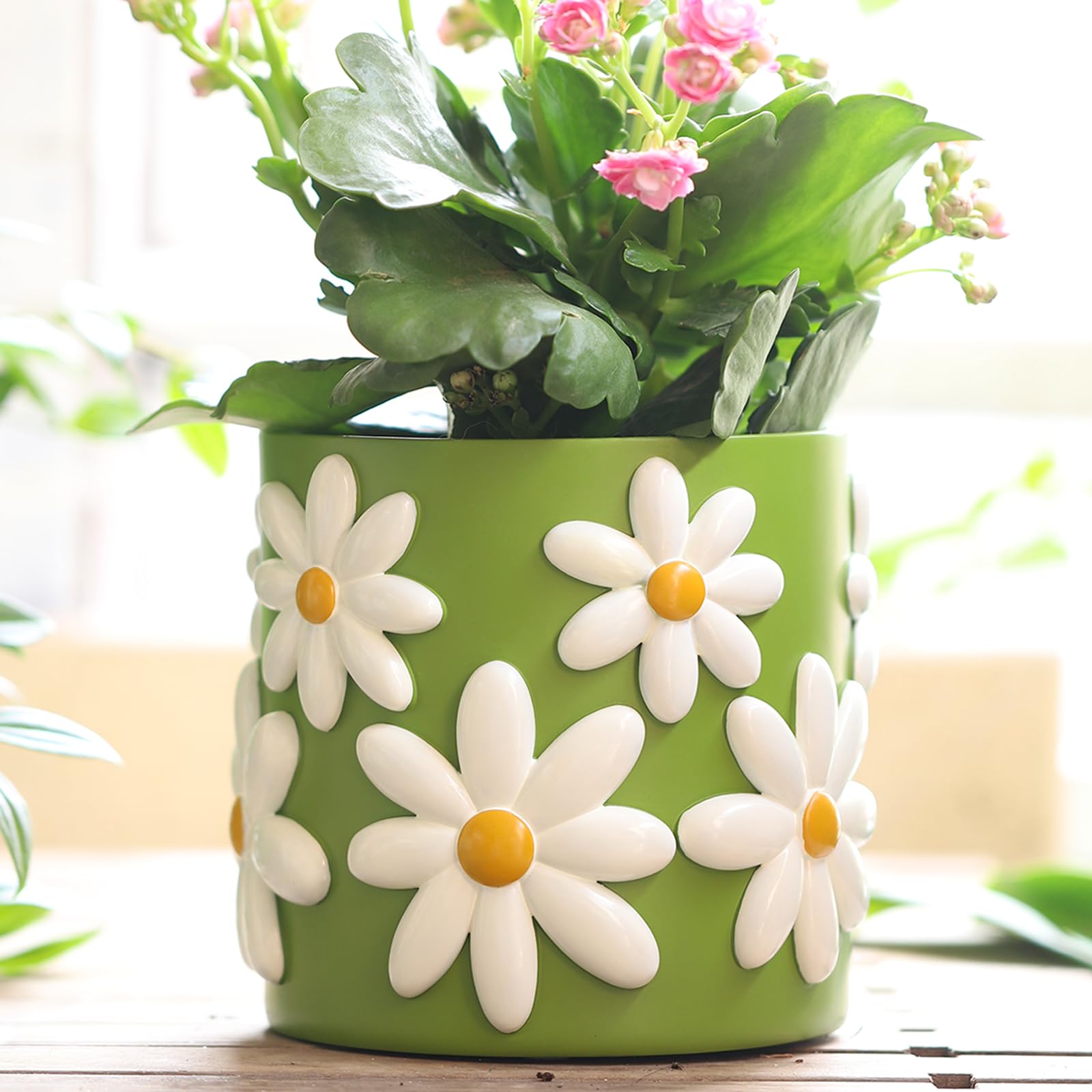 GUGUGO Cute Daisy Flower Pot, Decorative Plant Pots with Drainage Holes, Funny Unique Planters for Indoor Plants, Colorful Succulent Gardening Pot for Plants, Boho Modern Home Décor (Green, 5 Inch)