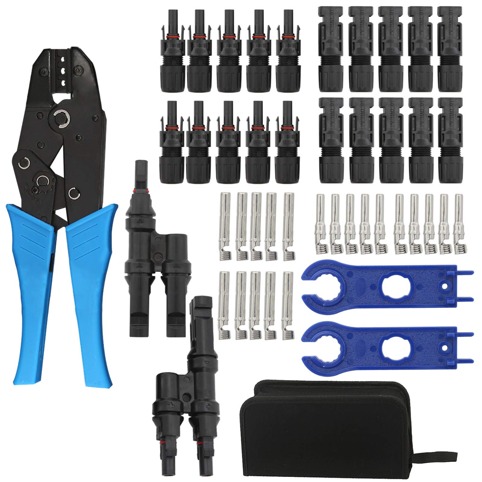 Homend Solar Panel Tools Kit Assembly Including 10 Pairs Female and Male Connectors for MC4, 2 Pieces Spanner for MC4, Y Branch Connector and Solar Crimping Tool for MC4