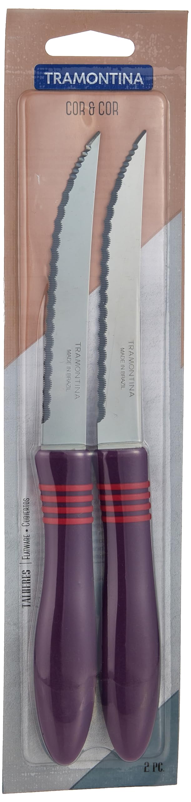 Tramontina Cor & Cor 2 Pieces 5 Inches Steak Knives Set with Stainless Steel Blades and Purple Polypropylene Handles