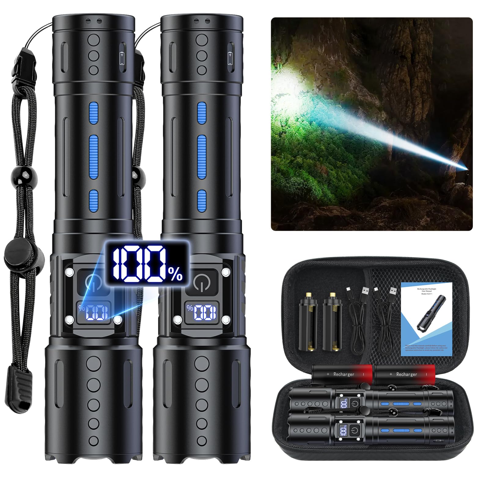 Flashlights High Lumens Rechargeable - 20,000 Lumens Super Bright Tactical LED Flash Light, Dimmable&Memory Function Powerful Waterproof Flashlight for Camping,6 Modes,Zoomable,LCD Display (2, Black)