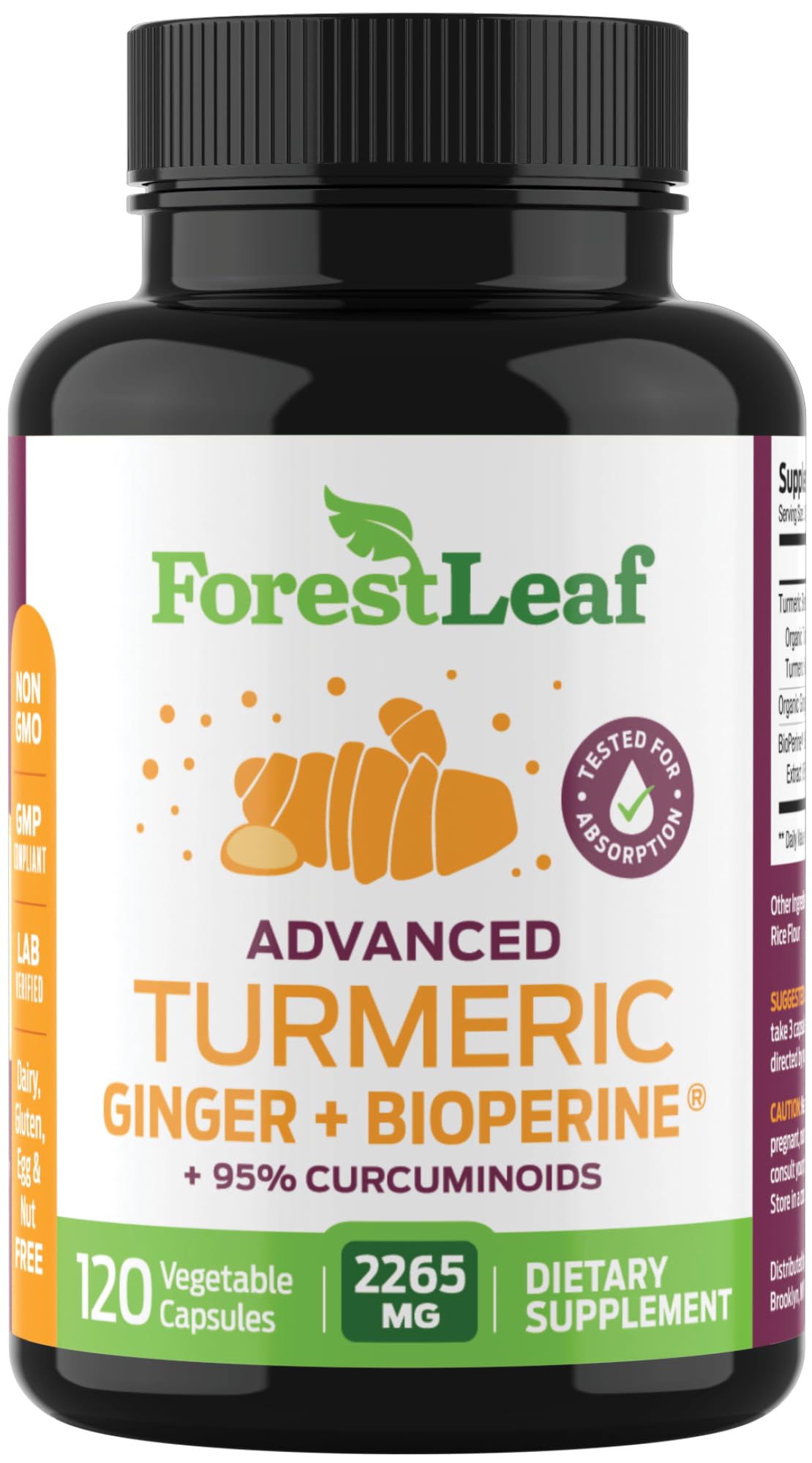 Organic Turmeric Supplement Extra Strength 2265mg - with BioPerine and Ginger for High Absorption -Turmeric Curcumin with Black Pepper Extract, 95% Curcuminoids, Herbal Joint Support 120 Veggie Caps