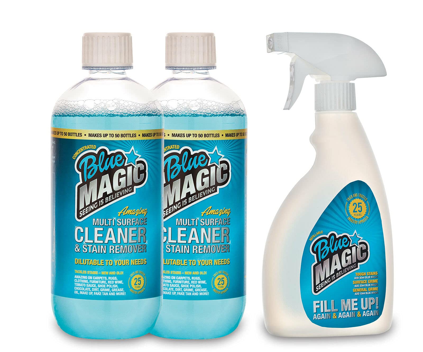 Blue Magic Pack 2x500ml with Empty Trigger Bottle and Measuring Cup Multi Purpose Cleaner Concentrate