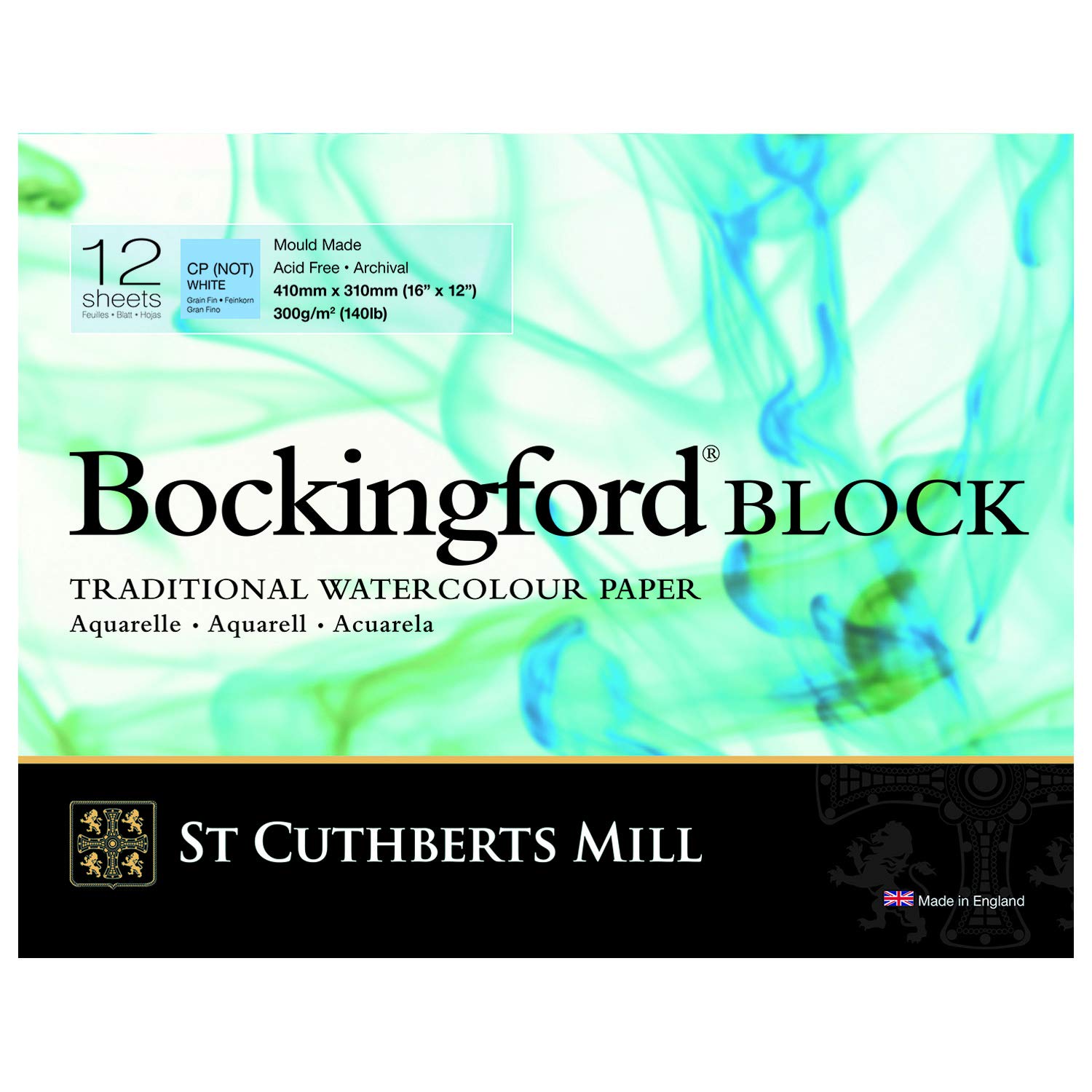 St. Cuthberts Mill Bockingford Watercolor Paper Block - 16x12-inch White Water Color Paper for Artists - 12 Sheets of 140lb Cold Press Watercolor Paper for Gouache Ink Acrylic Charcoal and More