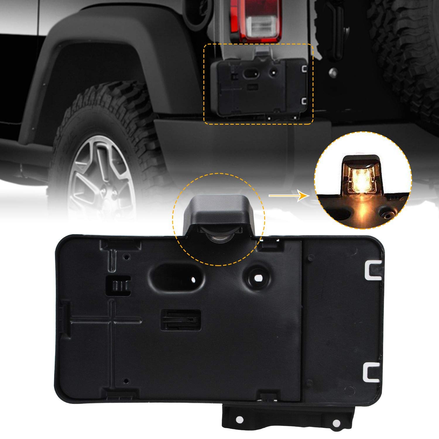 JeCar Fit for JK License Plate Holder Frame with Light Rear License Plate Mounting Bracket Compatible with 2007-2017 Jeep Wrangler JK JKU Sahara Rubicon X Sport & Unlimited