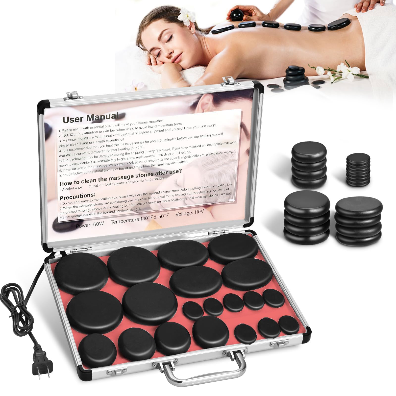 20 Hot Stones for Massage with Warmer, Hot Stones Massage Set with Warmer Kit Basalt Hot Rocks Massage Stone for Spa Warming Therapy Pain Relie Massage Stones Set for Relaxing,Metabolism Improvement