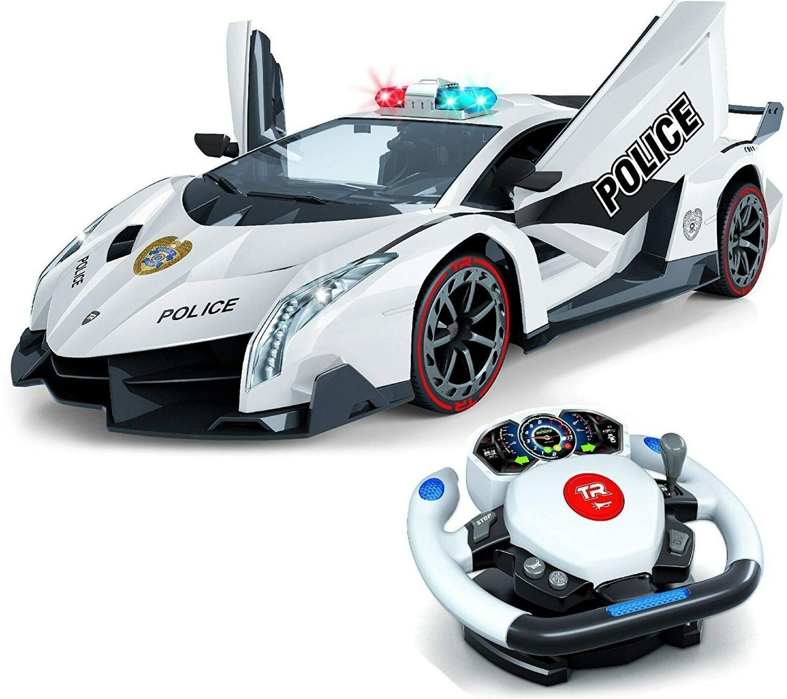 Top Race Remote Control RC Police Car 1:12 With 4D Motion Gravity Control, Steering Wheel Control, Lights, Sirens and Powered Doors - Toy Car for Boys and Girls Ages 3,4,5,6,7,8 and Up