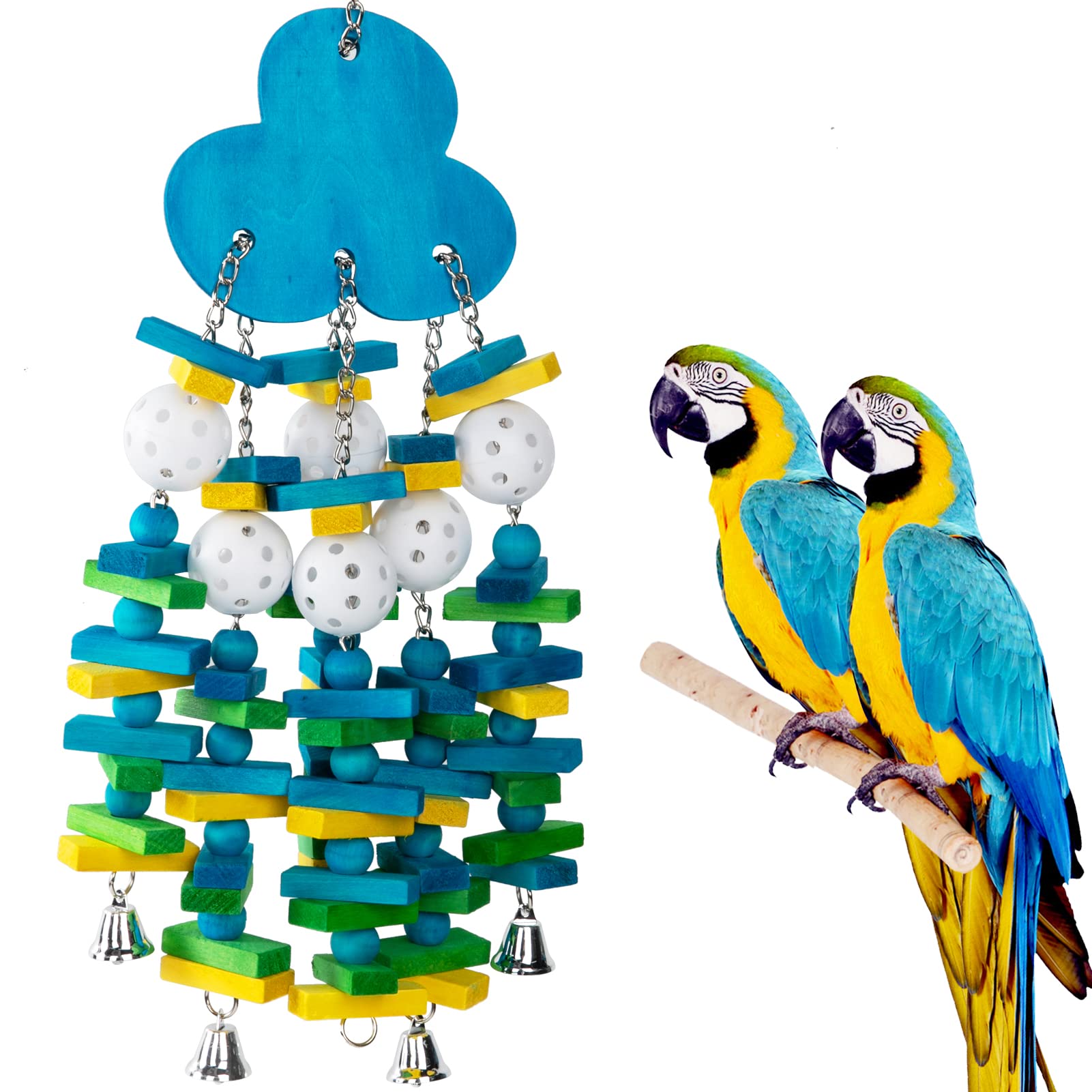 MEWTOGO Parrot Toys for Large Birds, Parrots Chew Toy with Colorful Wood Blocks and Bells for Macaws African Grey and Amazon Parrots (Blueberry Style)