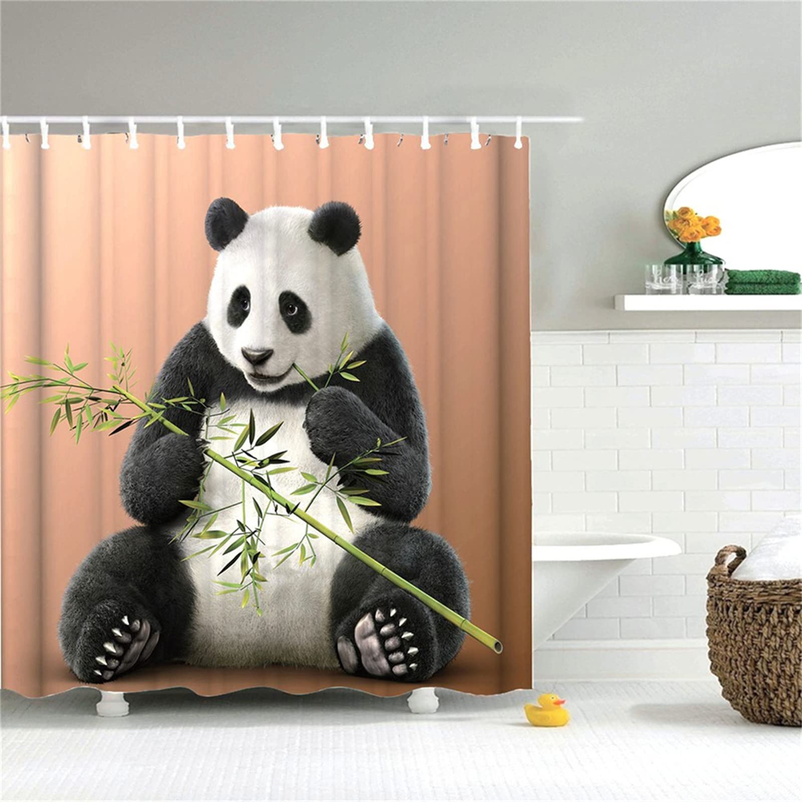 Tinnoon Shower Curtain, Anti-Mould Proof Resistant, Waterproof, Weighted Hem, Resistant WashablePandaBathroom Curtains, 3D Digital Polyester Extra Long Shower Curtains Grey, With Hooks，180x180cm