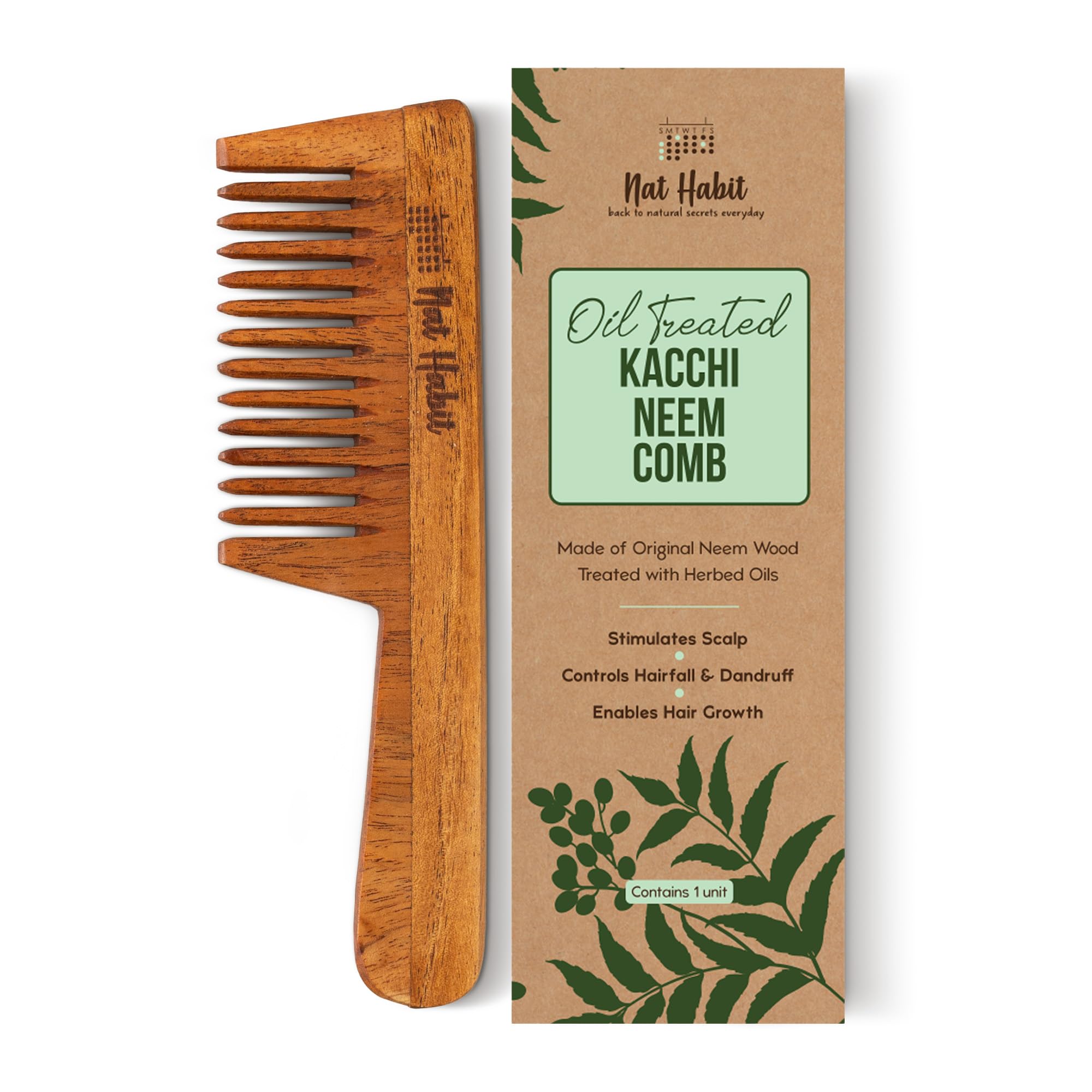 Back To Natural Secrets Everyday Kacchi Neem Comb, Wooden Comb For Men, Women, Treated With Neem Oil, Bhringraj & 17 Herbs (Wide Tooth) 18-20Cm Length Brown