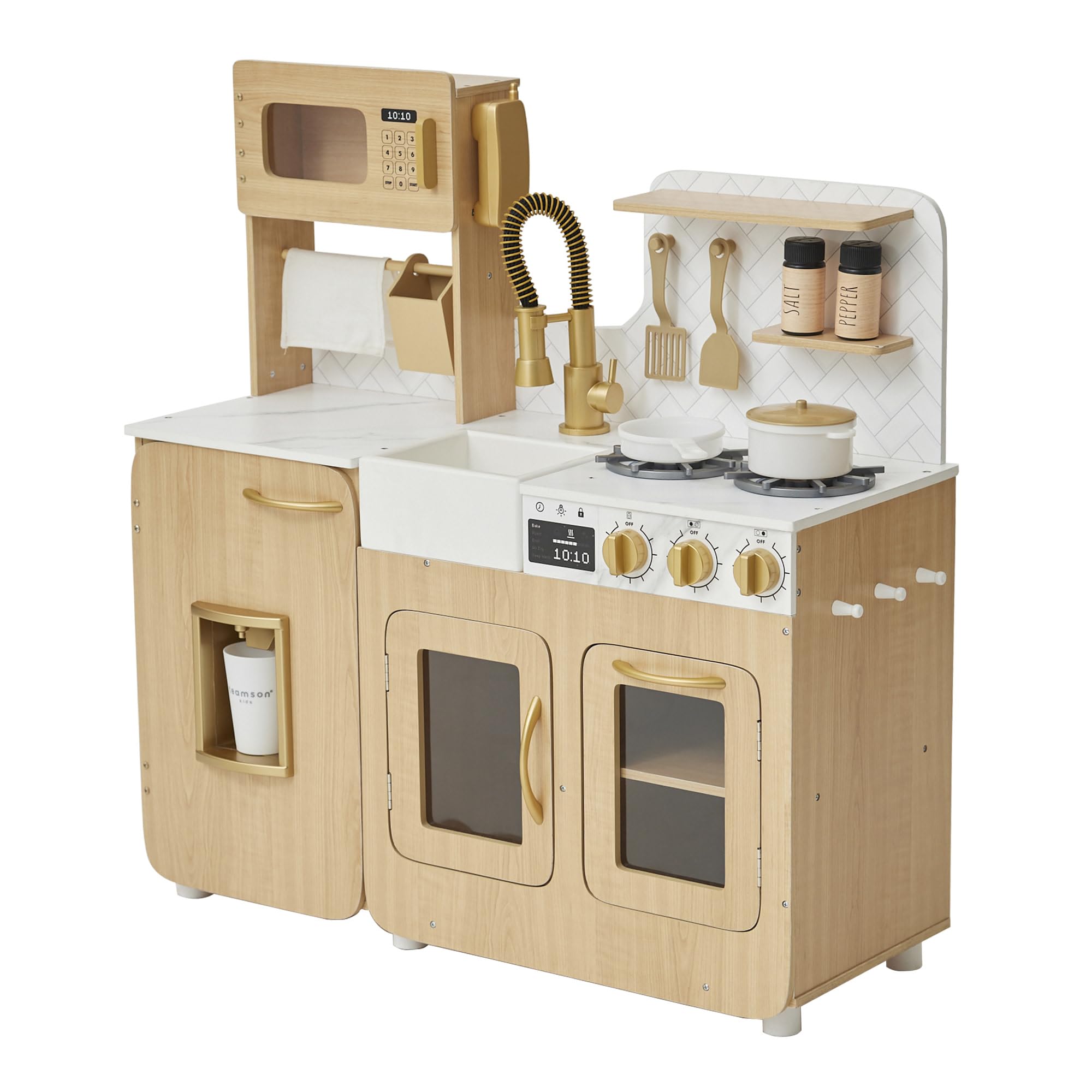 Teamson KidsLittle Chef Cyprus Medium Wooden Play Kitchen with Interactive, Realistic Features, and 14 Kitchen Accessories for 3yrs and up, Light Oak/Faux White Marble/Gold