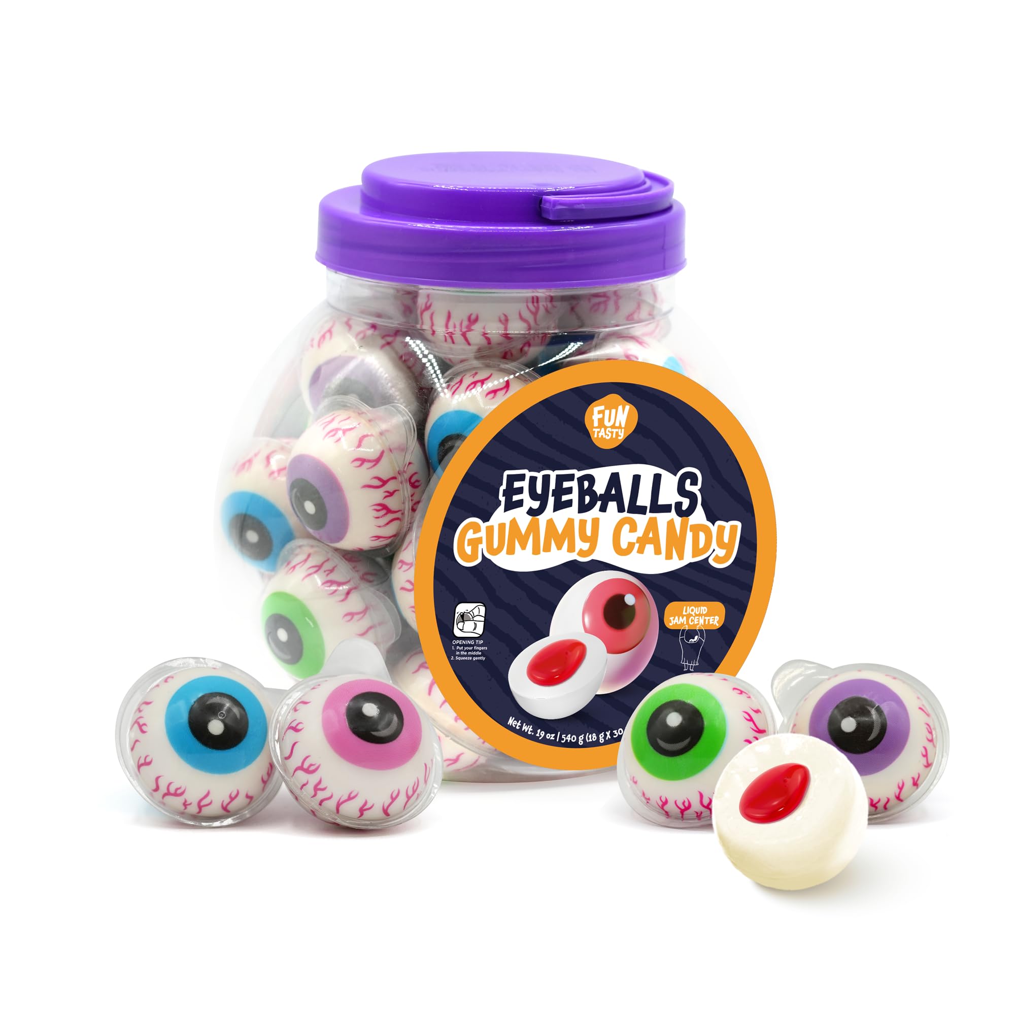 Funtasty Eyeballs Gummy Candy 19-Ounce Jar (30 Count) - Strawberry Jam Center