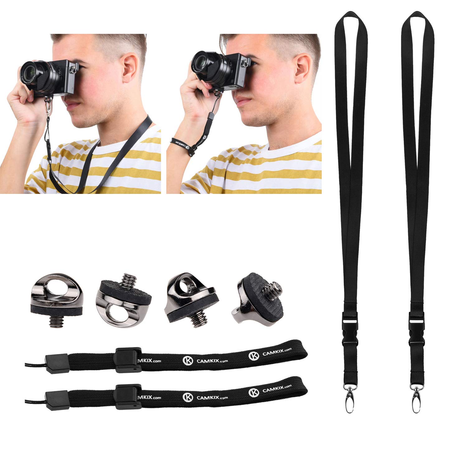 Set of 4 Camera Quick Install Tripod Mount Screws, 2 Lanyards and 2 Wrist Straps - For a Fast and Secure Connection to Your Camera - Adjustable Wrist Straps - Lanyards with Detachable Buckle