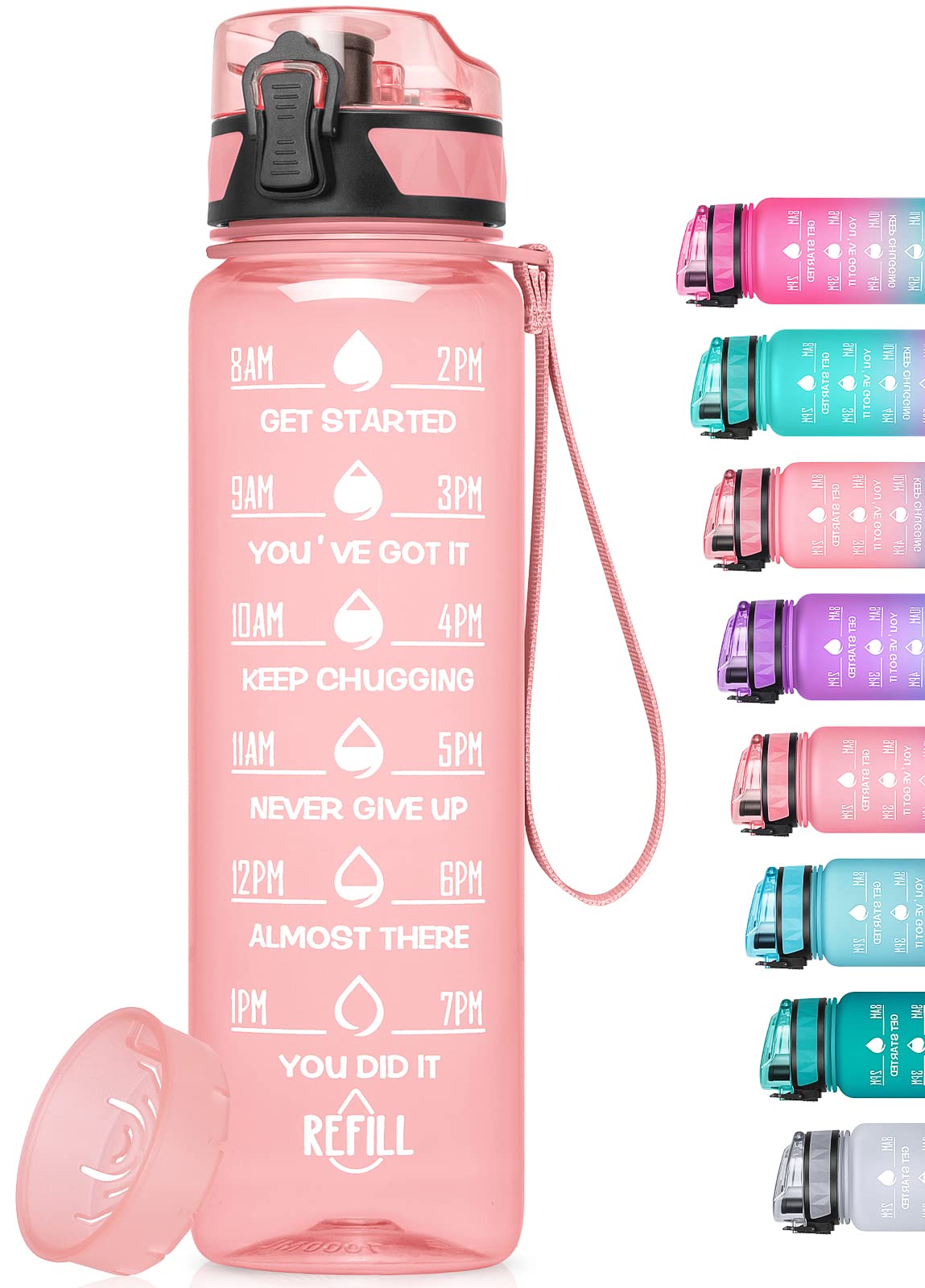 Geritto Motivational Water Bottle with Time Marker, 32 Oz BPA Free Water Bottles with Fruit Strainer, Leak-Proof Wide Mouth and Fast Water Flow Water Bottles for Fitness Gym Outdoor