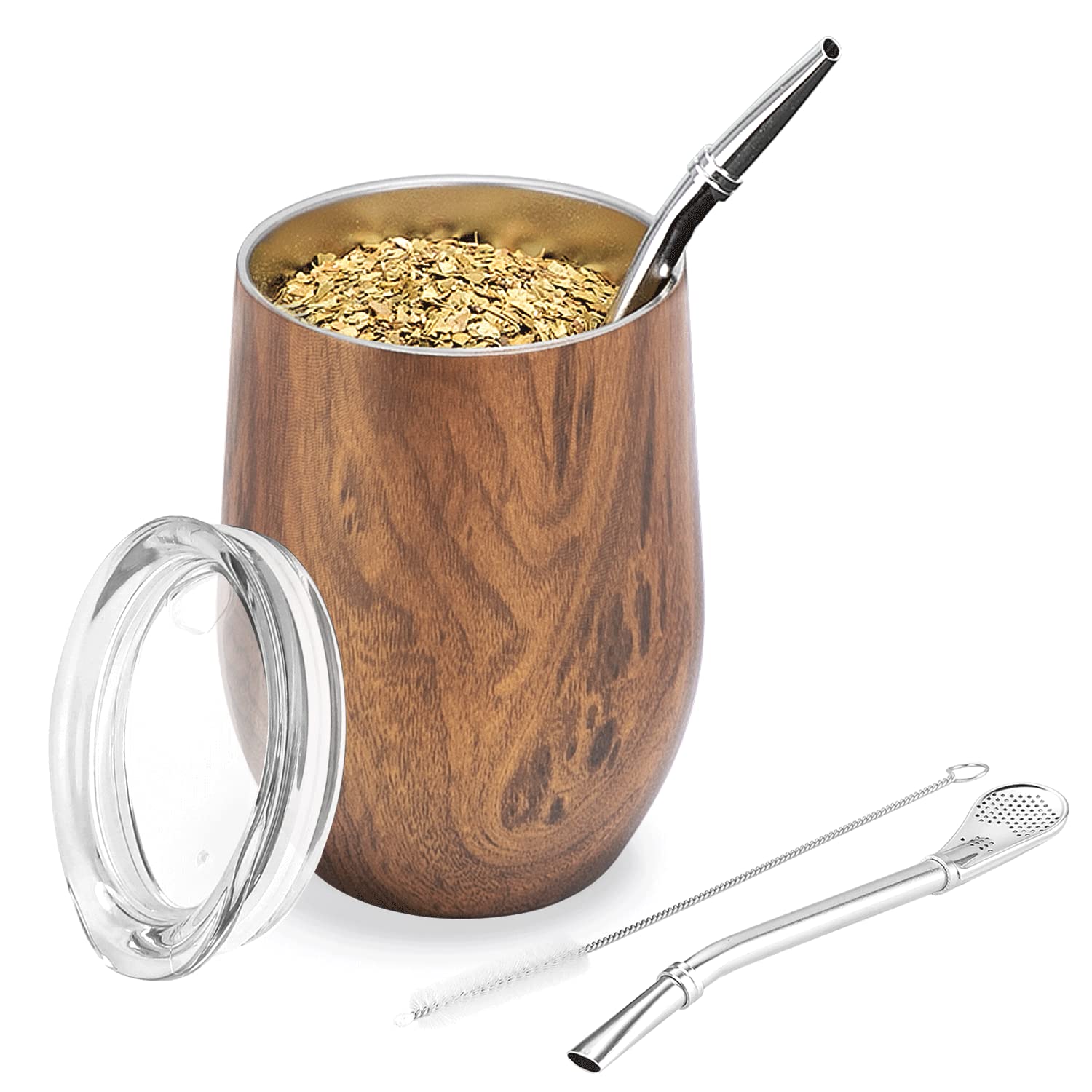 TELANKS Modern Mate Mug 12 oz, Yerba Mate Mug Double-Walled 18/8 Stainless Steel, Mate Tea Cup with BPA Free Lid, Straw (Bombillas) and a Cleaning Brush (Wood)