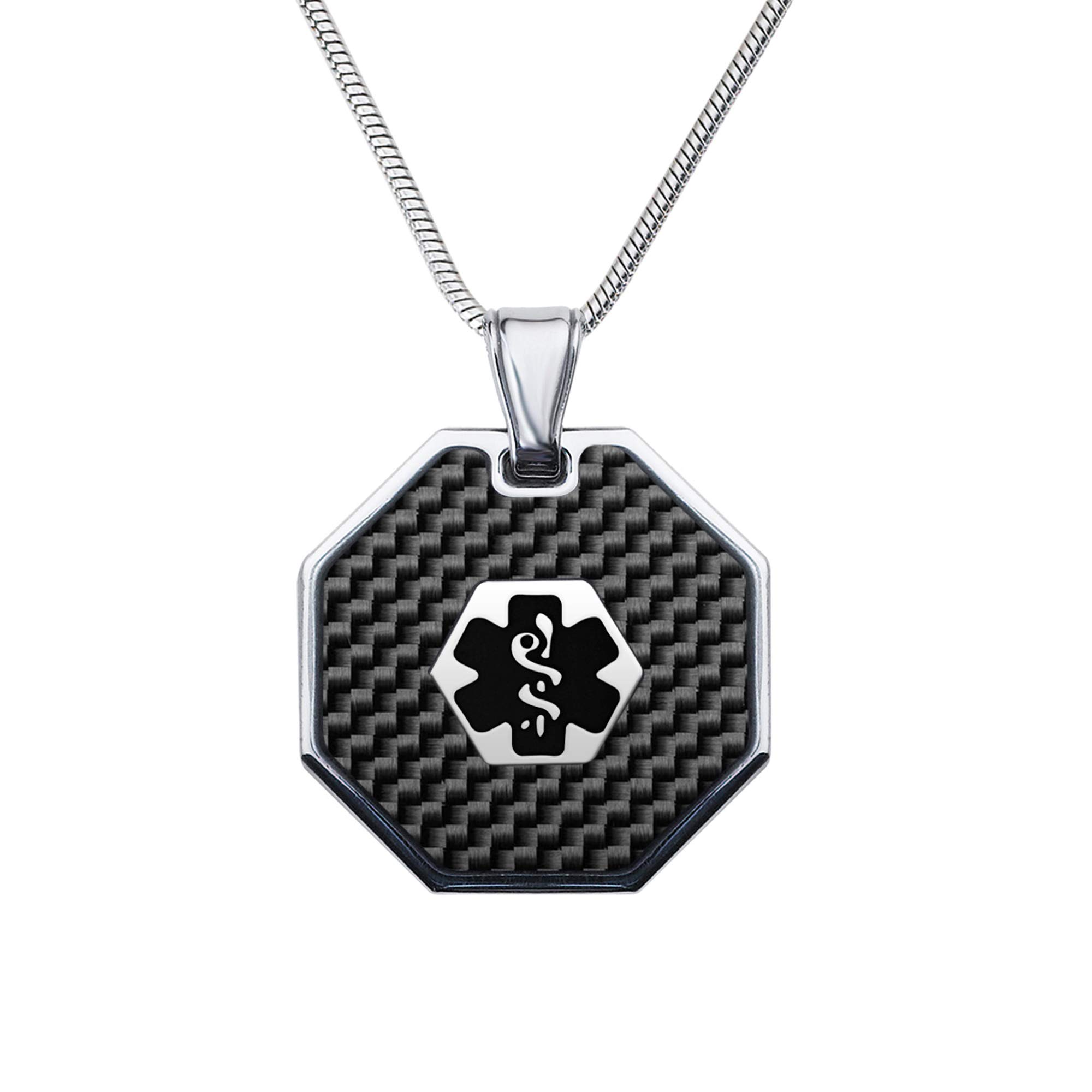 Divoti Custom Engraved Medical Alert Necklace for Men, Luxe 316L Tag w/Carbon Fiber Inlay Medical ID Necklace, Medical Pendant Tag w/Free Engraving- 24/28" Various Chain-Color Options