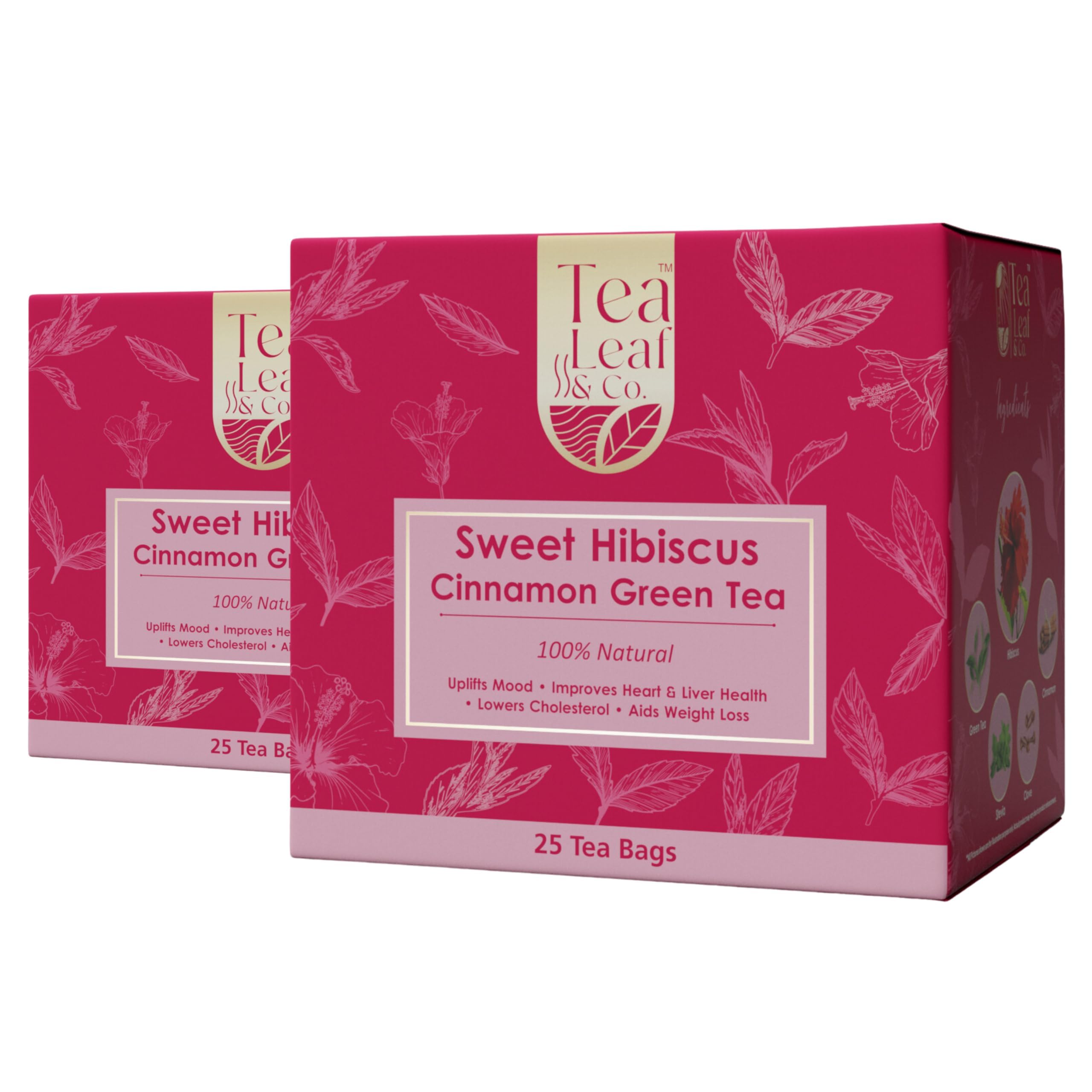 Tea Leaf & Co. Sweet Hibiscus Green Tea (50 Tea Bags Pack of 2) the Delightful Essence for Improves Heart and Health Lowers Cholesterol and Uplifts Mood 100% Farm Fresh & Natural