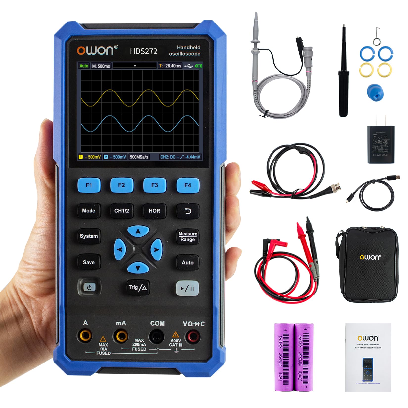 OWON HDS272 Handheld Oscilloscope,20000 Counts Digital Multimeter, Digital Oscilloscope Portable 2 in 1 Universal Test Instrument,2-CH 70Mhz Bandwidth USB Type-C Interface 3.5 inch Color LCD Display