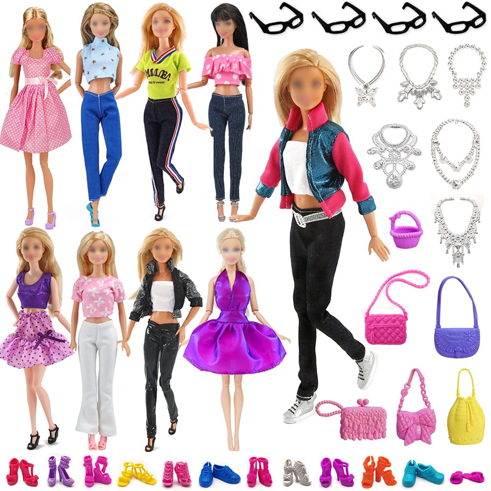 34 Random Item/Set Doll Accessories, 6 Sets Fashion Dresses Casual Wear Clothes with 12 Pair Shoes + 4 Glasses + 6 Necklaces + 6 Handbag for Barbie Doll Random Style