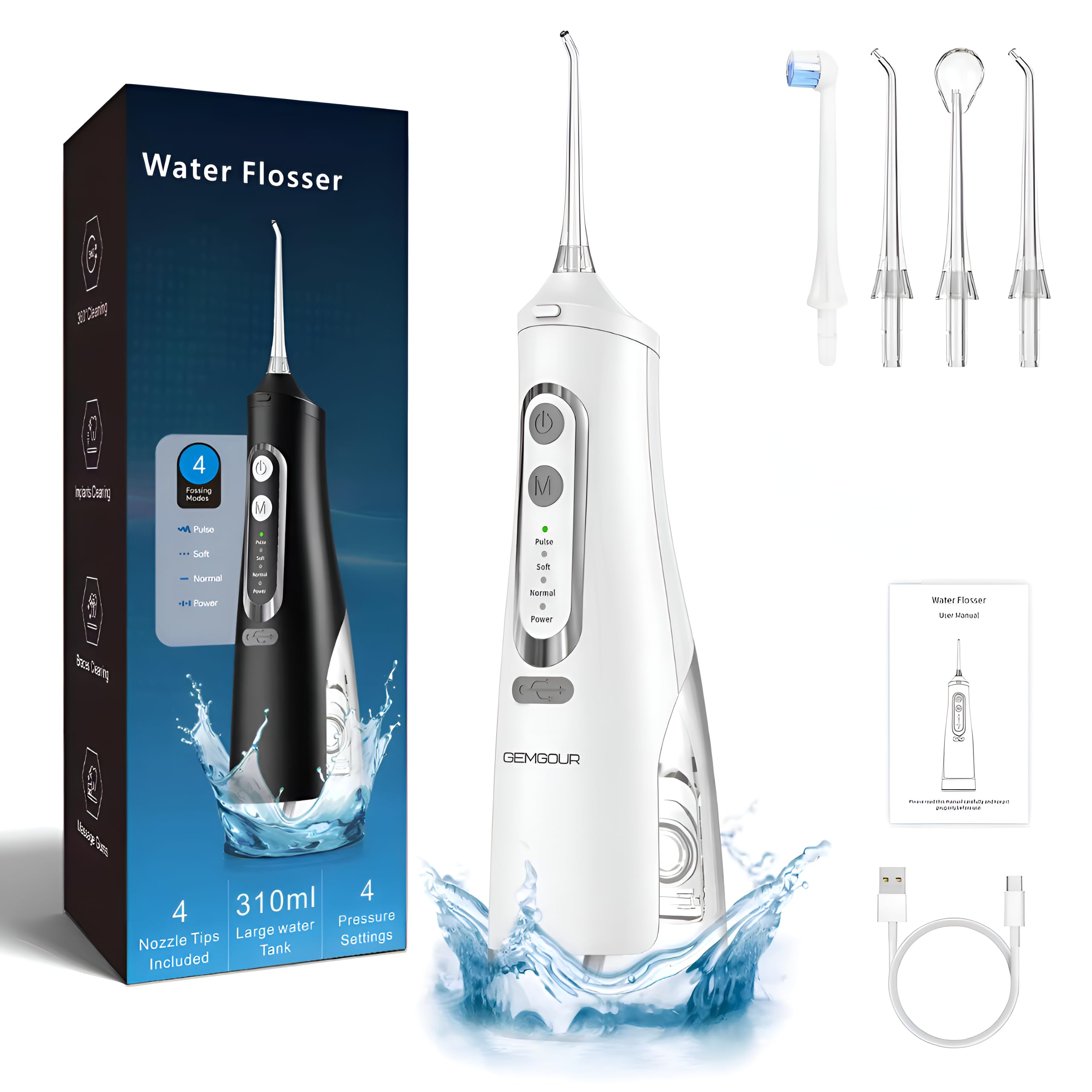 Water Flosser Professional Electric Cordless Dental Air Pick Power Oral Irrigator - Portable and Rechargeable IPX7 Waterproof - Teeth whitening Cleaning,310ml Large Capacity Reservoir Home and Travel