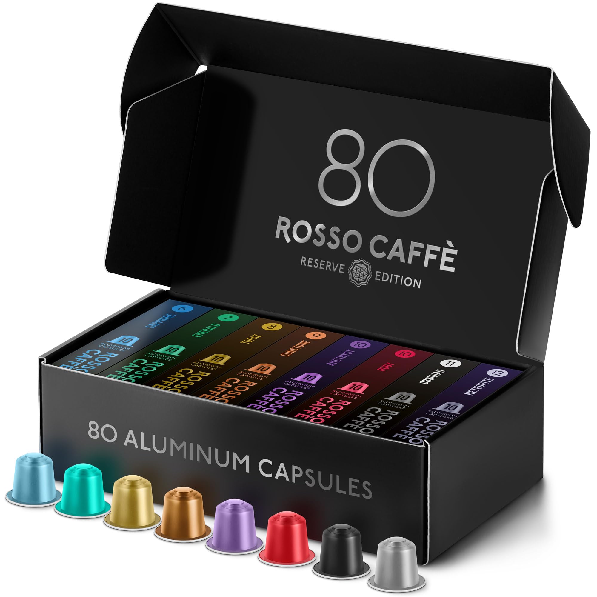 ROSSO CAFFE Espresso Coffee Pods, Compatible with Nespresso Original Machines, Reserve Variety Pack, 80 Capsules - Made in Italy