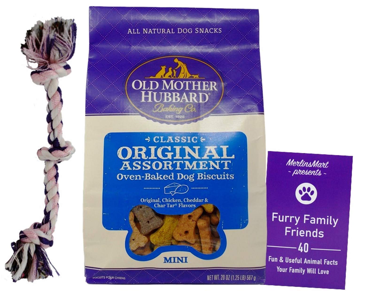 Old Mother Hubbard Classic Original Assortment Dog Treats - Mini Sized Snacks (20 Ounces) - Plus Rope Toy and Fun Animal Facts Booklet Bundle