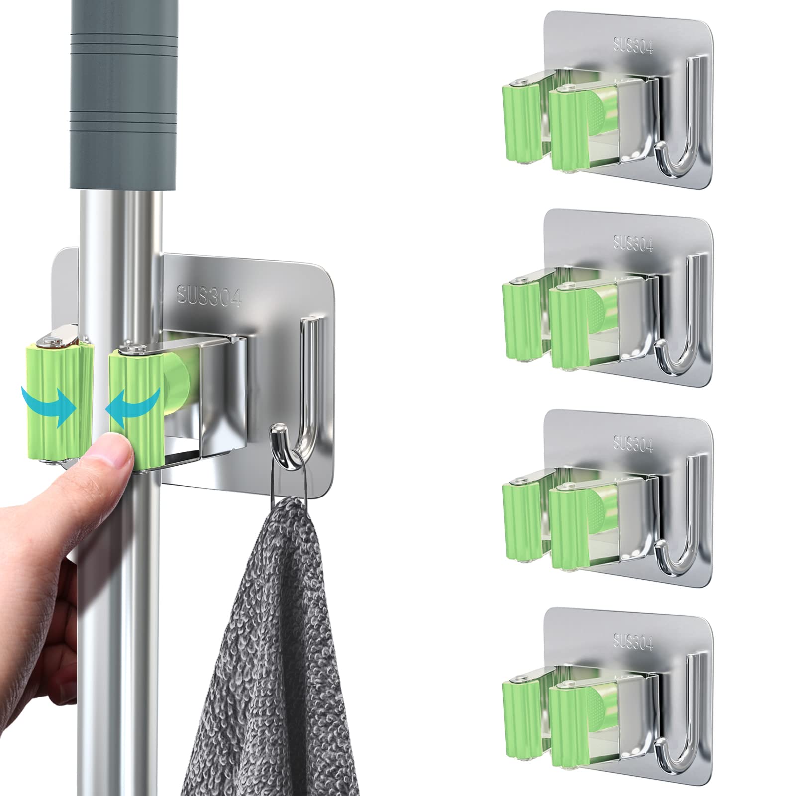 HOMEASYMop Broom Holder, 4 Pcs Stainless Steel Self Adhesive Mop Holder Wall Mounted with Hooks Hanger Self-Adhesive Broom Holder for Bathroom, Kitchen, Office, Closet, Garden Garage(Green)