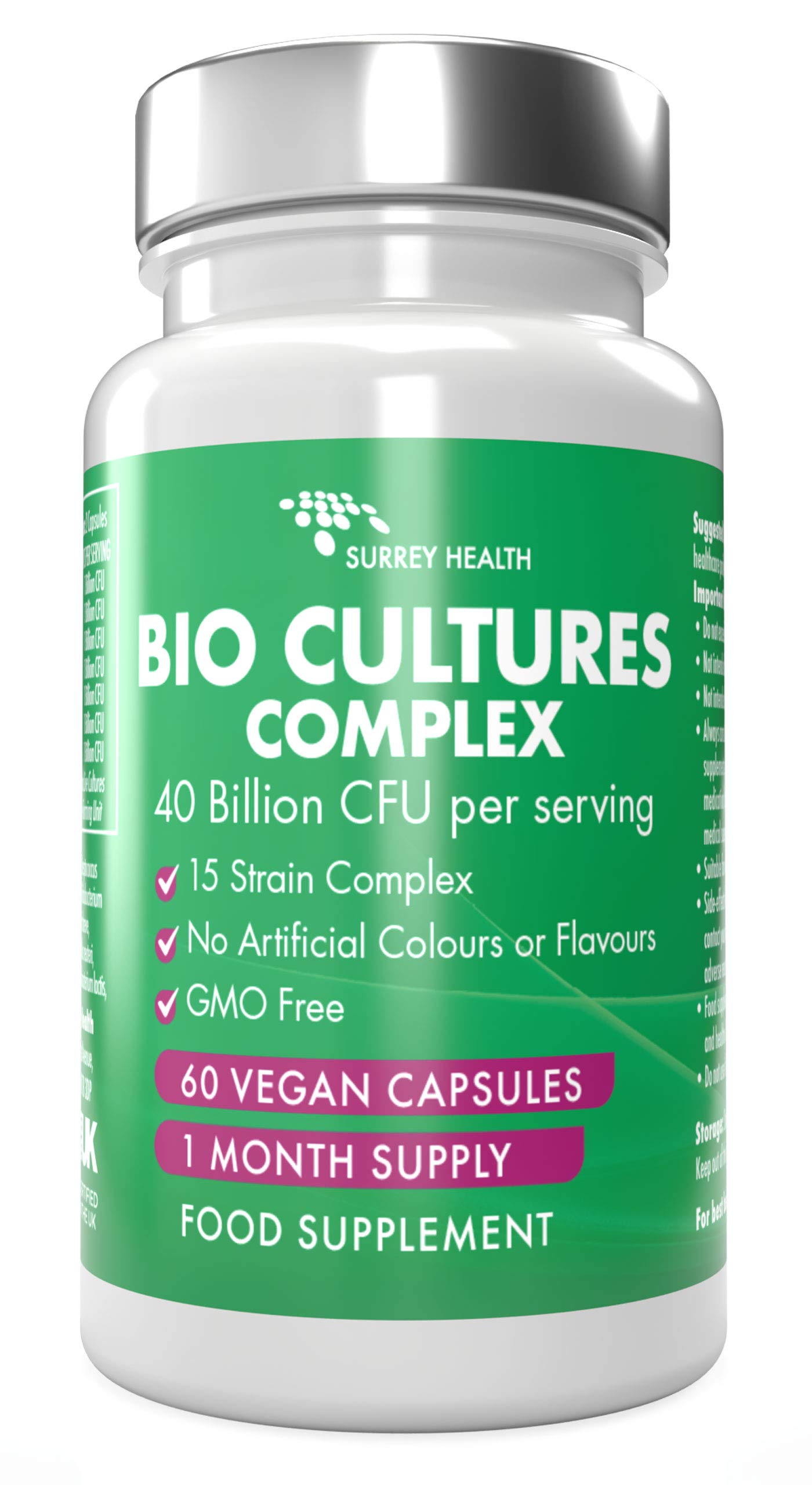 Bio Cultures Complex - 60 Capsules (1 Month Supply) -Probiotics Supplement Capsules for Higher Potency and Strength - 40 Billion CFU Vegan Capsules with 15 Bacteria Strains per Serving -Made in the UK