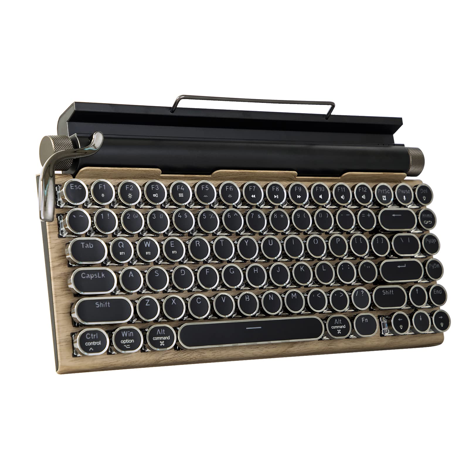 Typewriter-Style Retro Mechanical Keyboard LED Backlight 83 Keys Bluetooth 5.0 Blue Axis Wood Color Panel Compatible with iOS/Android/Windows/Vista/Linux/Mac Office/Gaming, 12.8x6.6x1.6in