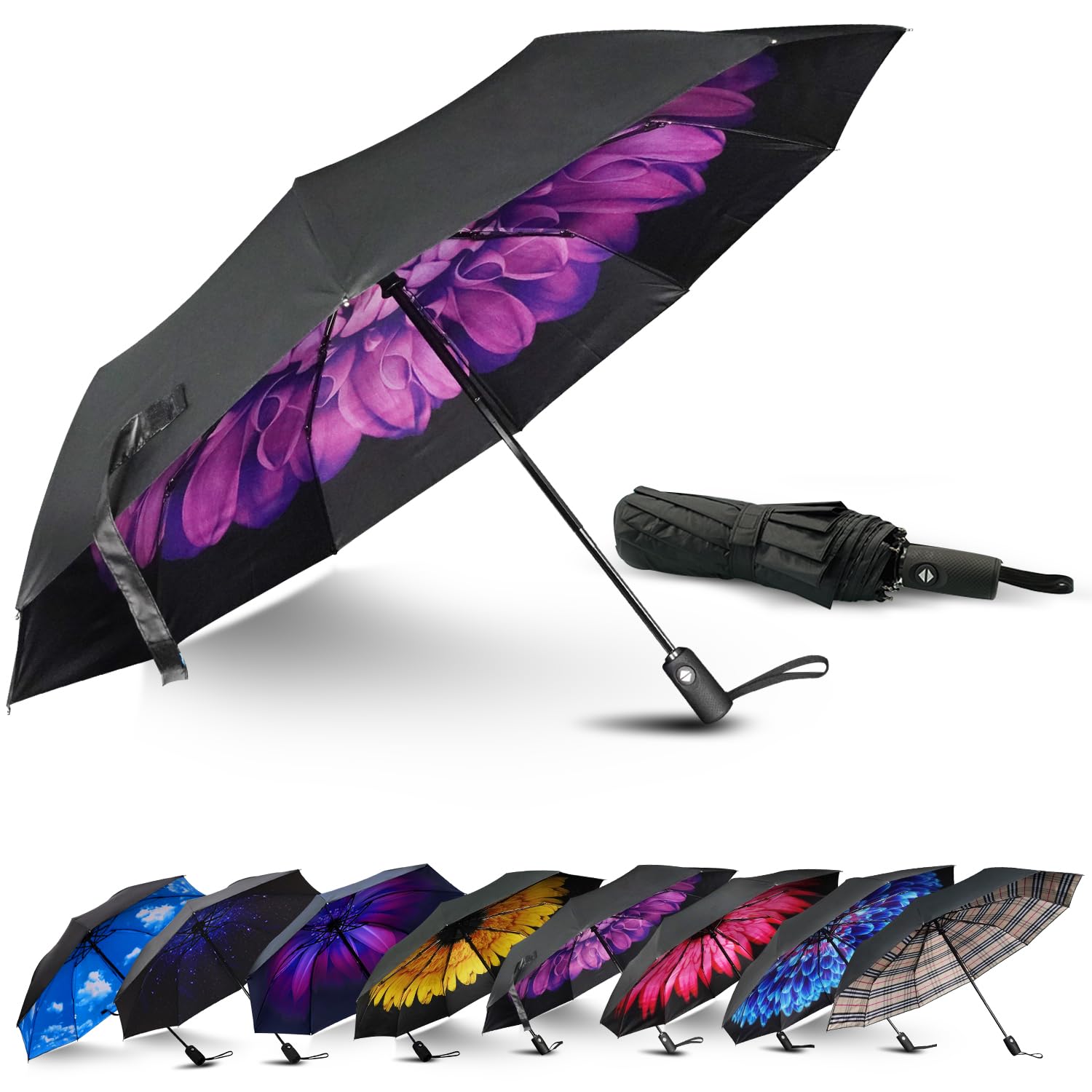 LLanxiryUmbrella Windproof Travel Umbrellas for Rain Black Folding Umbrellas 10 RIBS Automatic Strong Portable Wind Resistant Backpack Umbrella for Men and Women