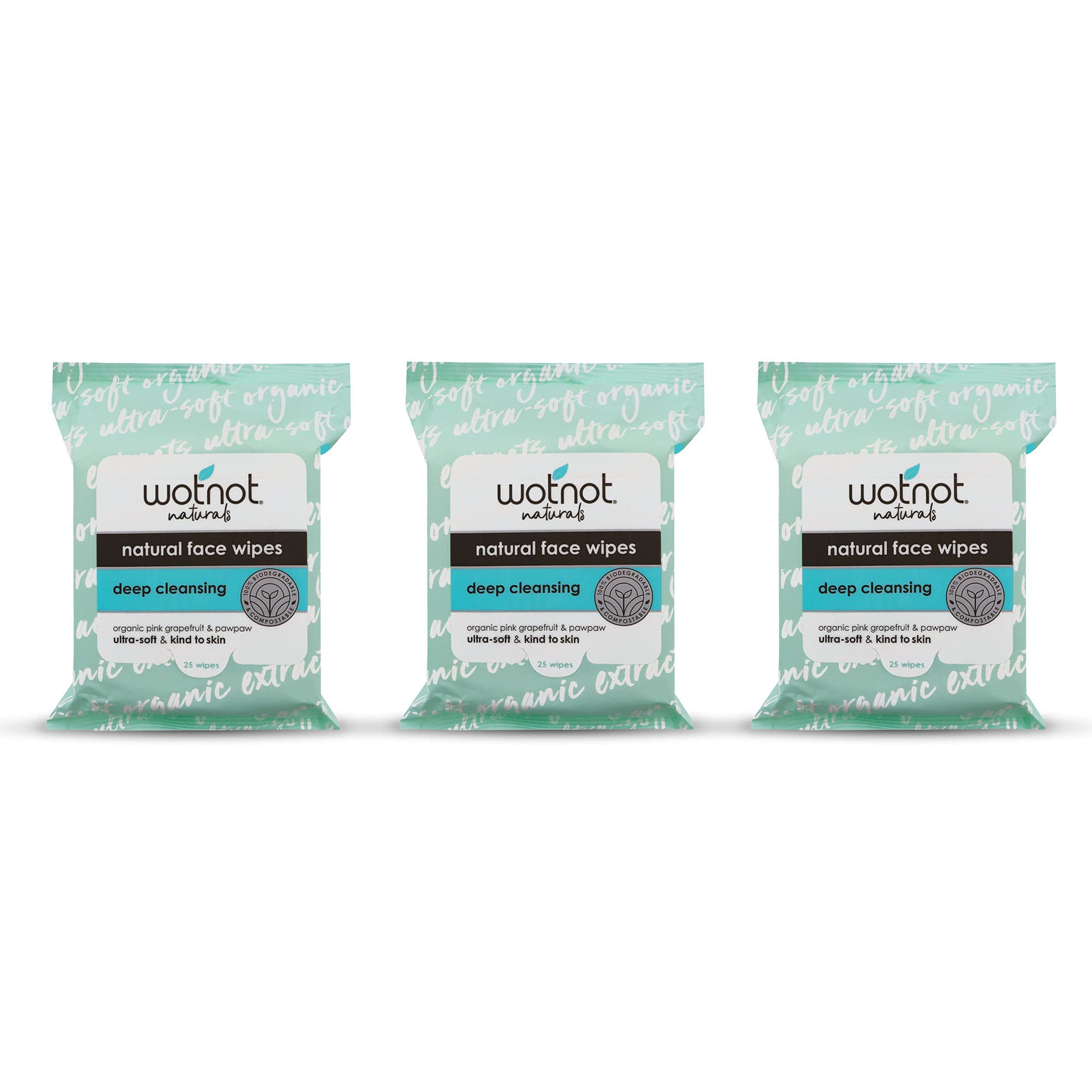 Wotnot - Natural Face Wipes, Deep Cleansing , 25 count (Pack of 3)