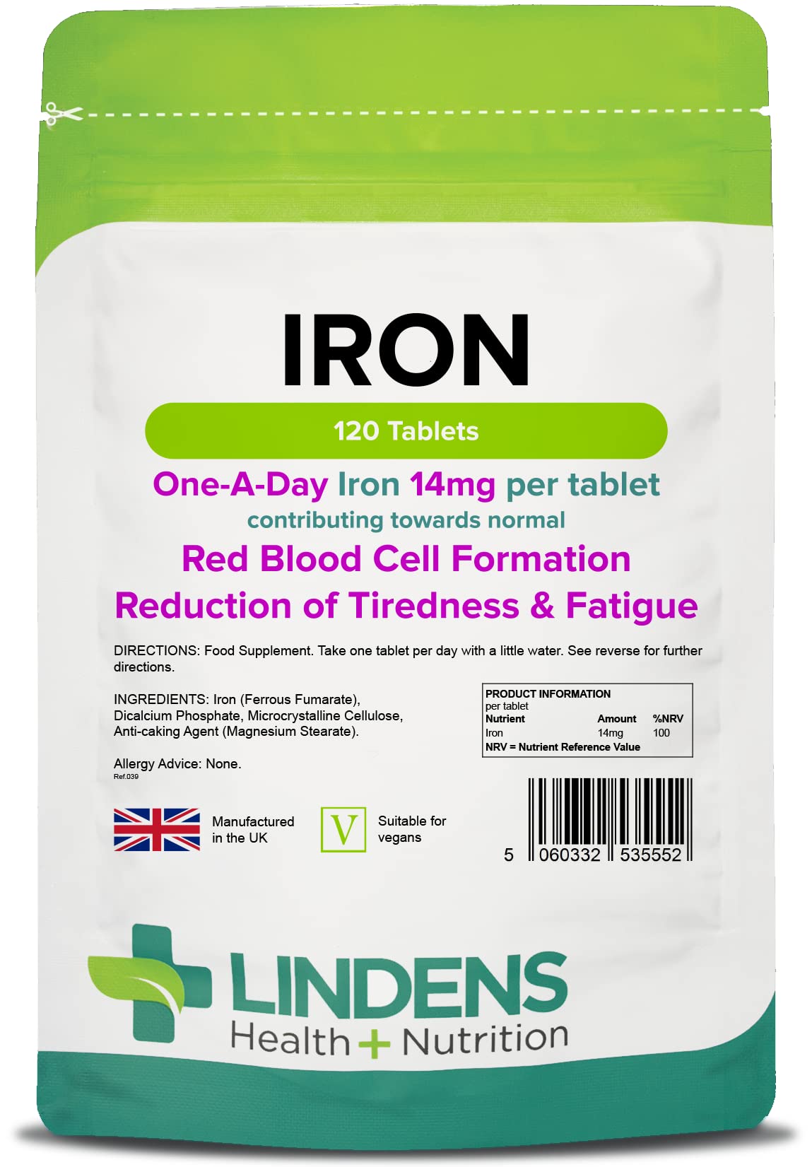 Lindens - Iron 14mg - 120 Vegan Tablets - UK Made - Reduce Tiredness, Increase Energy | Creates Healthy Red Blood Cells | Normal Oxygen Transportation | (4 Months Supply), Letterbox Friendly