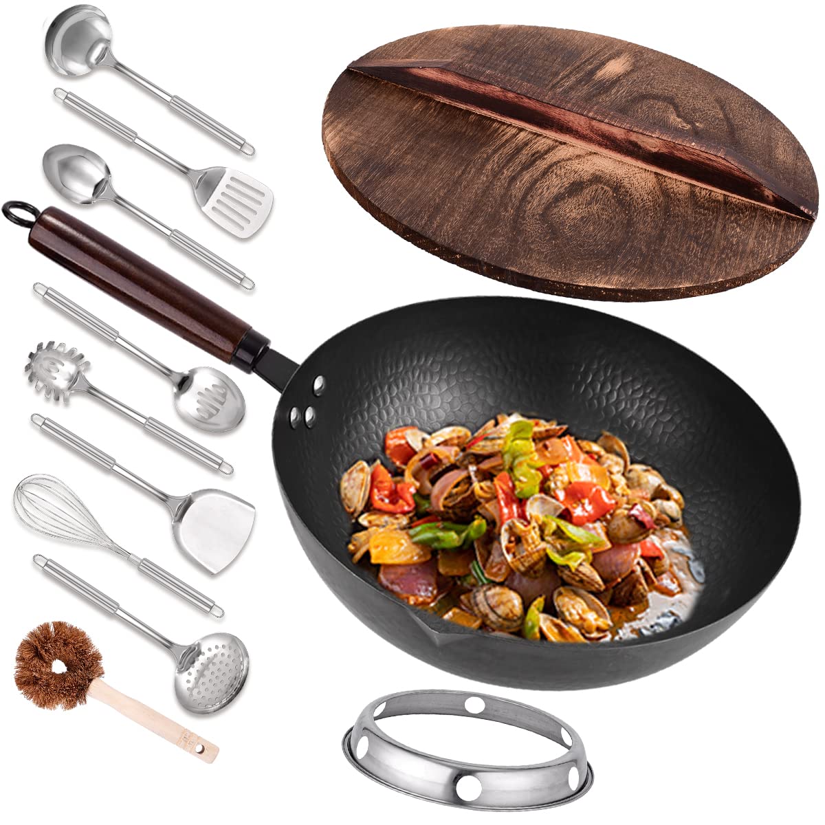 12.8" Carbon Steel Wok-11Pcs Woks & Stir Fry Pans Wok Pan with Lid, No Chemical Coated Chinese Wok with 10 Cookware Accessories, Flat Bottom Wok for Electric, Induction,Gas Stoves