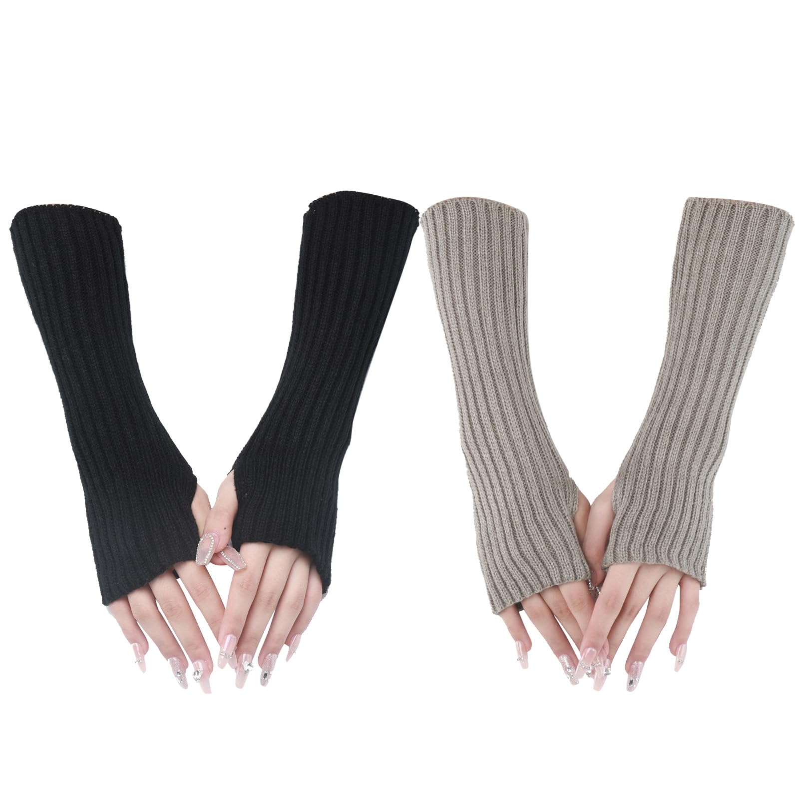 ZOCONE 2 Pairs Knitted Arm Warmers Long Arm Warmers Fingerless Winter Wrist Warmers Knit Arm Wrist Warmers with Thumb Hole for Women Girls Winter Accessories