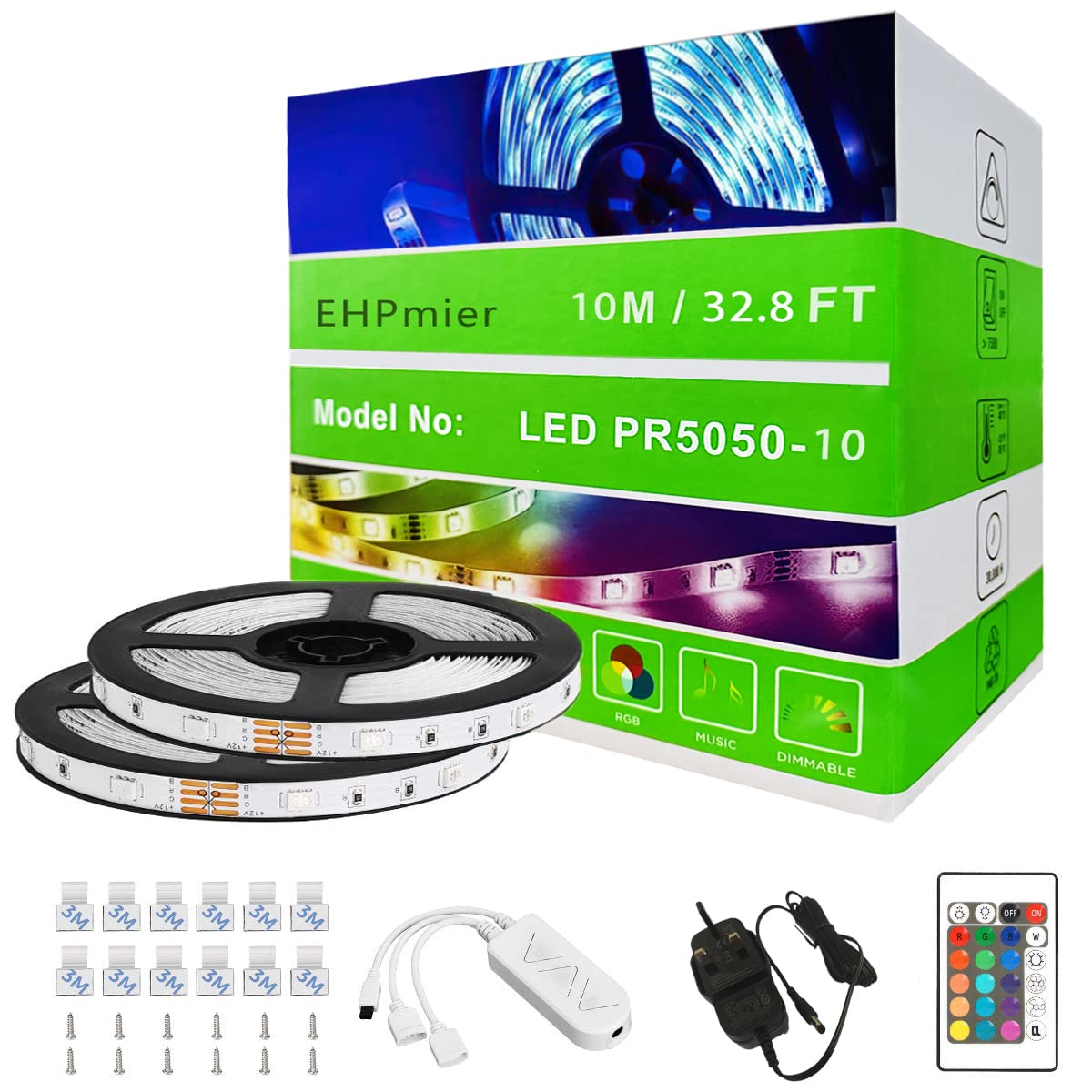 EHPmier LED Light Strip,10m RGB Color Changing strip Light for Home, Kitchen, Room, Bedroom, Dorm Room, Bar, Parties and Festivals. with IR Remote Control, 5050 LEDs,DIY Mod