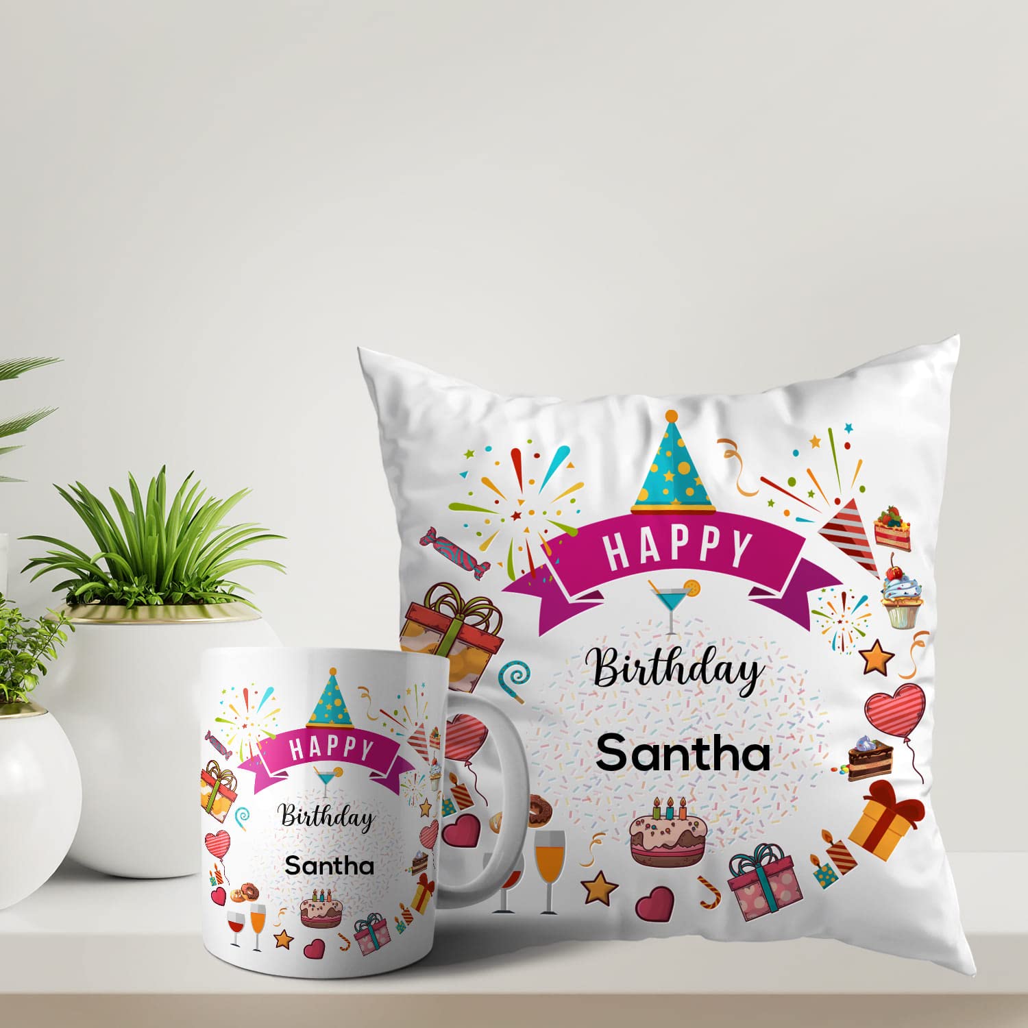 ASHVAH Happy Birthday Santha Coffee Mug and Cushion Combo Gift (Pack of 2) Daughter, Sister, Girlfriend, Wife, Name - Santha