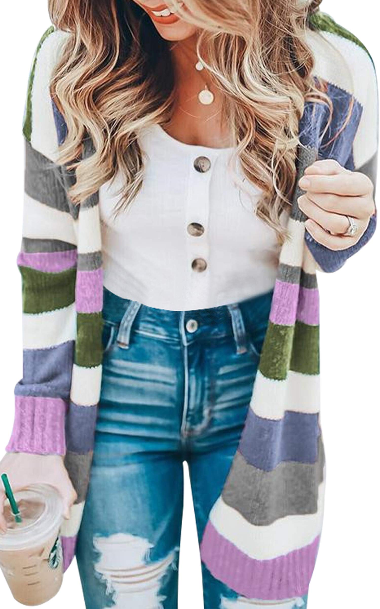 Womens Cardigan Color Block Striped Draped Kimono Cardigans Long Sleeve Open Front Casual Knit Sweaters Coat Outwear